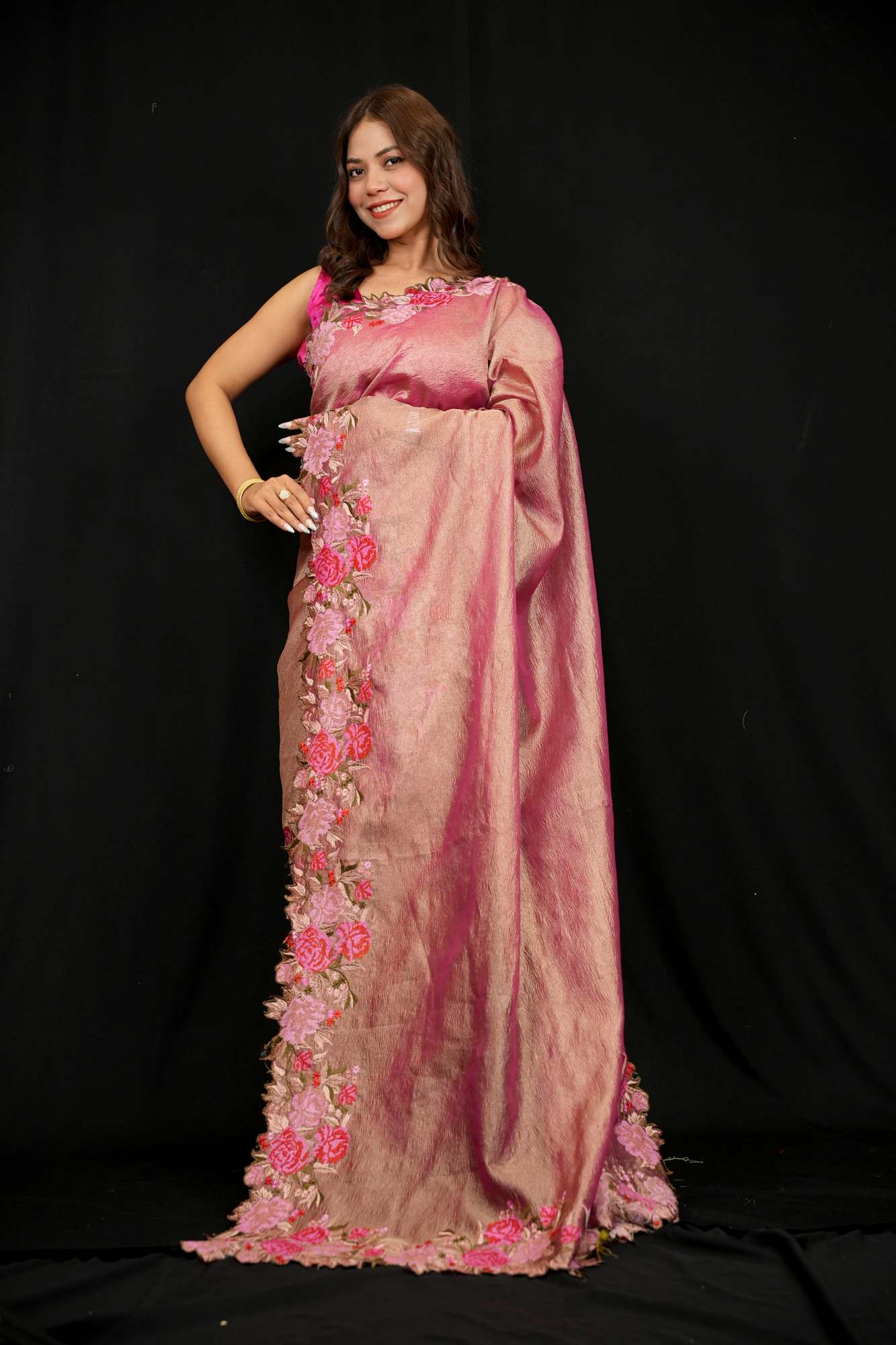 Banarasi crinkle tissue silk Zari Weave Embroidery Border Pallu Ready To Wear Saree