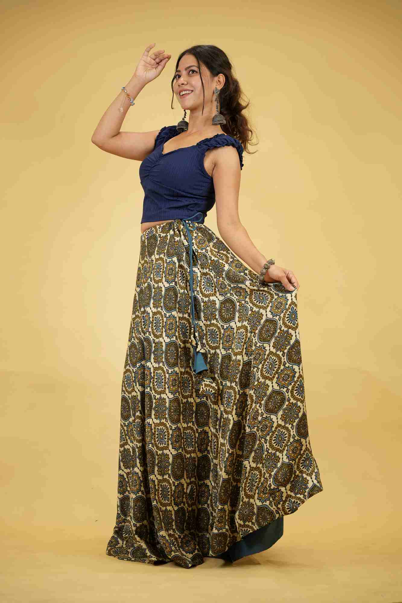 Bohemian Block Print Mashru Silk with Lining Flared Skirt