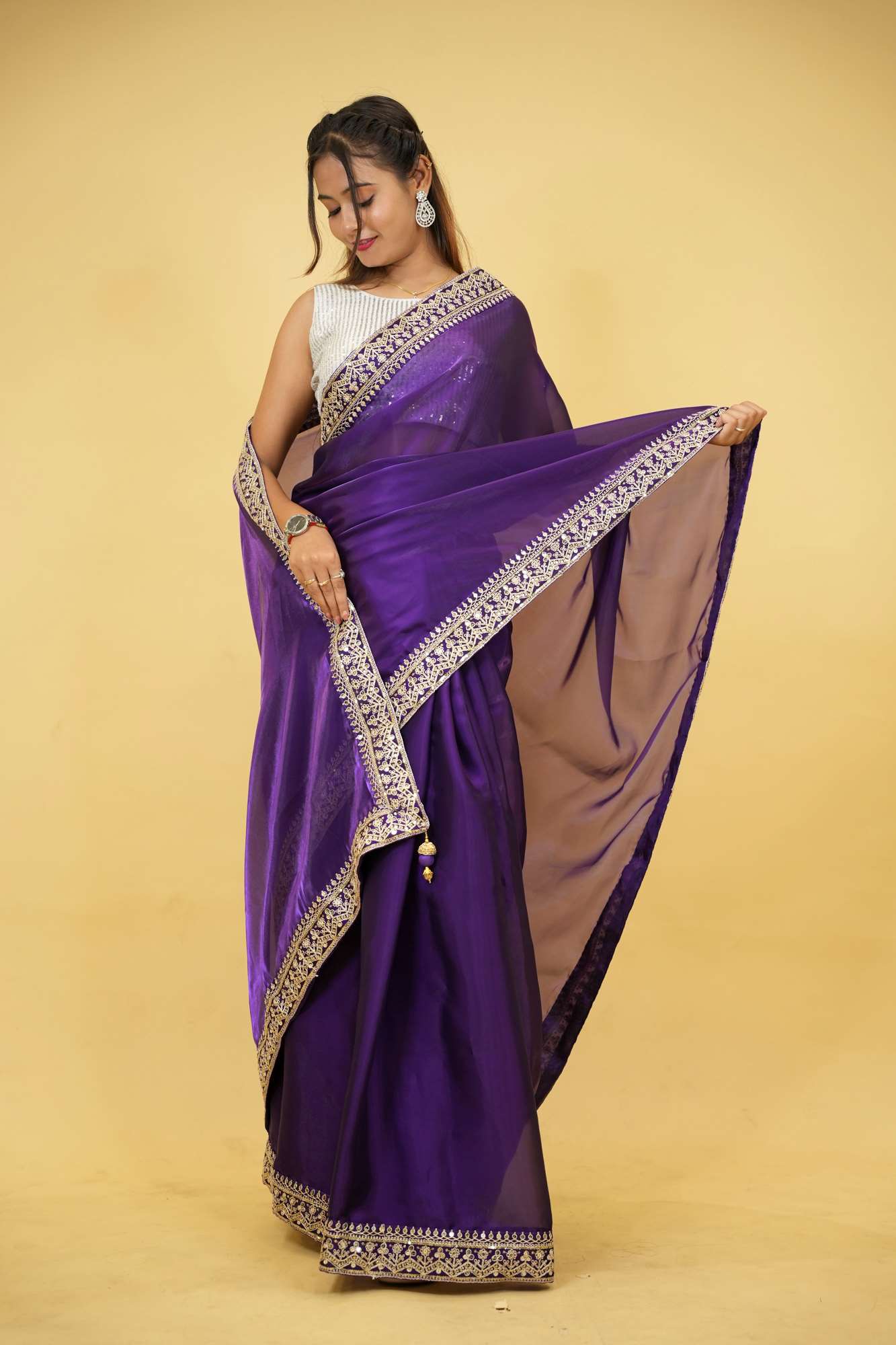 Cotton Organza Crepe Royal Purple with Zari Embroidery Ready To Wear Saree with ready halter blouse