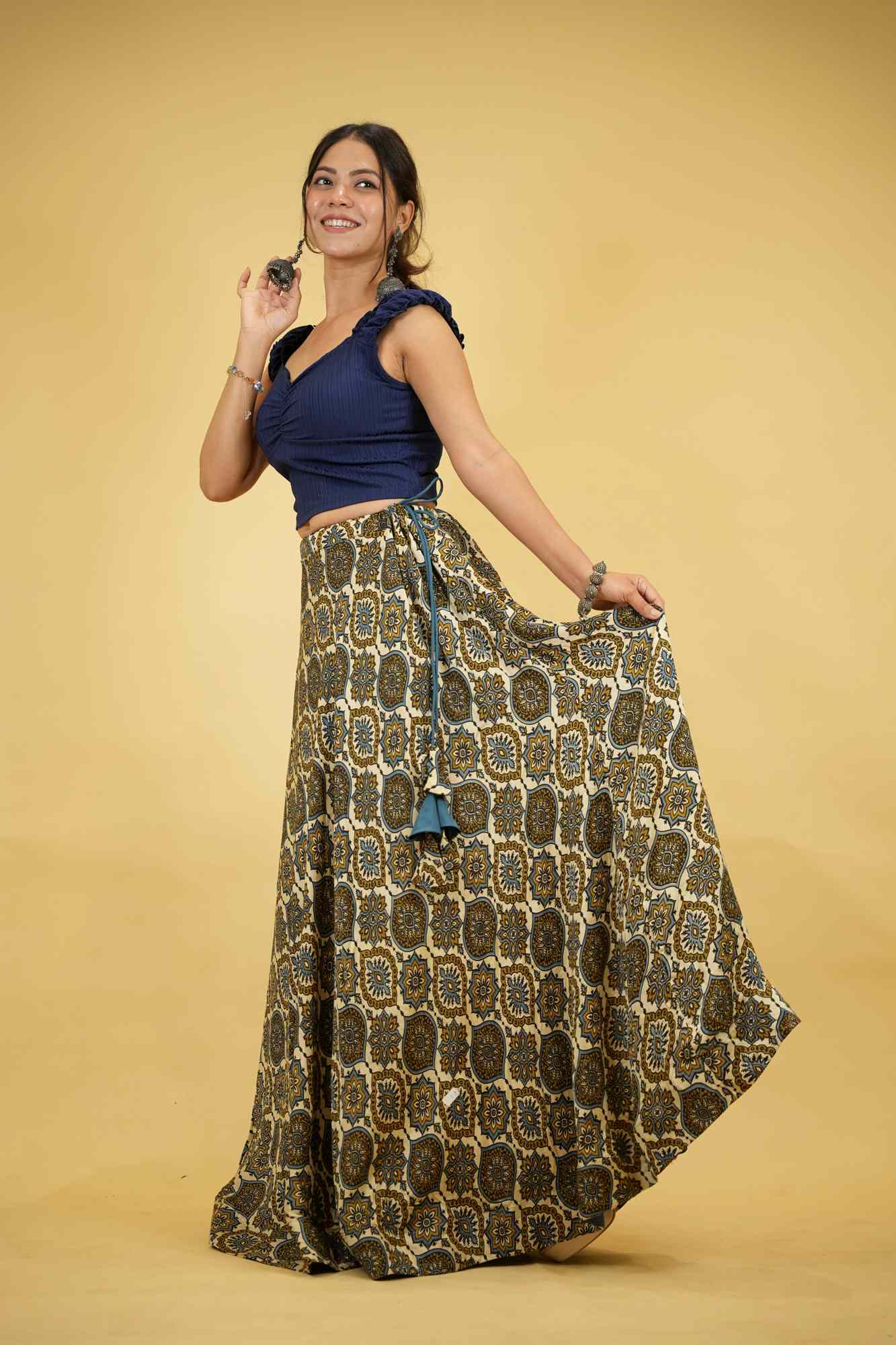 Bohemian Block Print Mashru Silk with Lining Flared Skirt