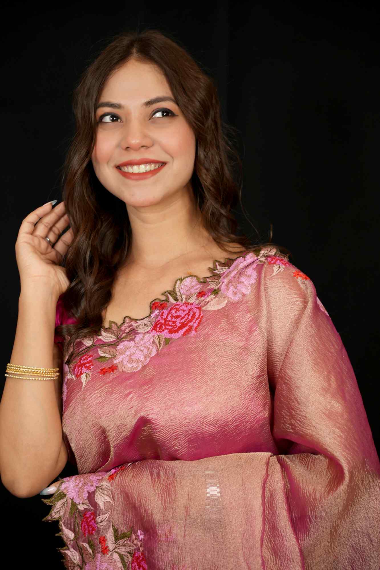 Banarasi crinkle tissue silk Zari Weave Embroidery Border Pallu Ready To Wear Saree