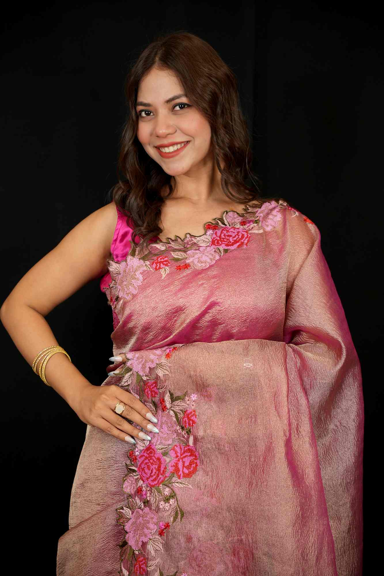 Banarasi crinkle tissue silk Zari Weave Embroidery Border Pallu Ready To Wear Saree