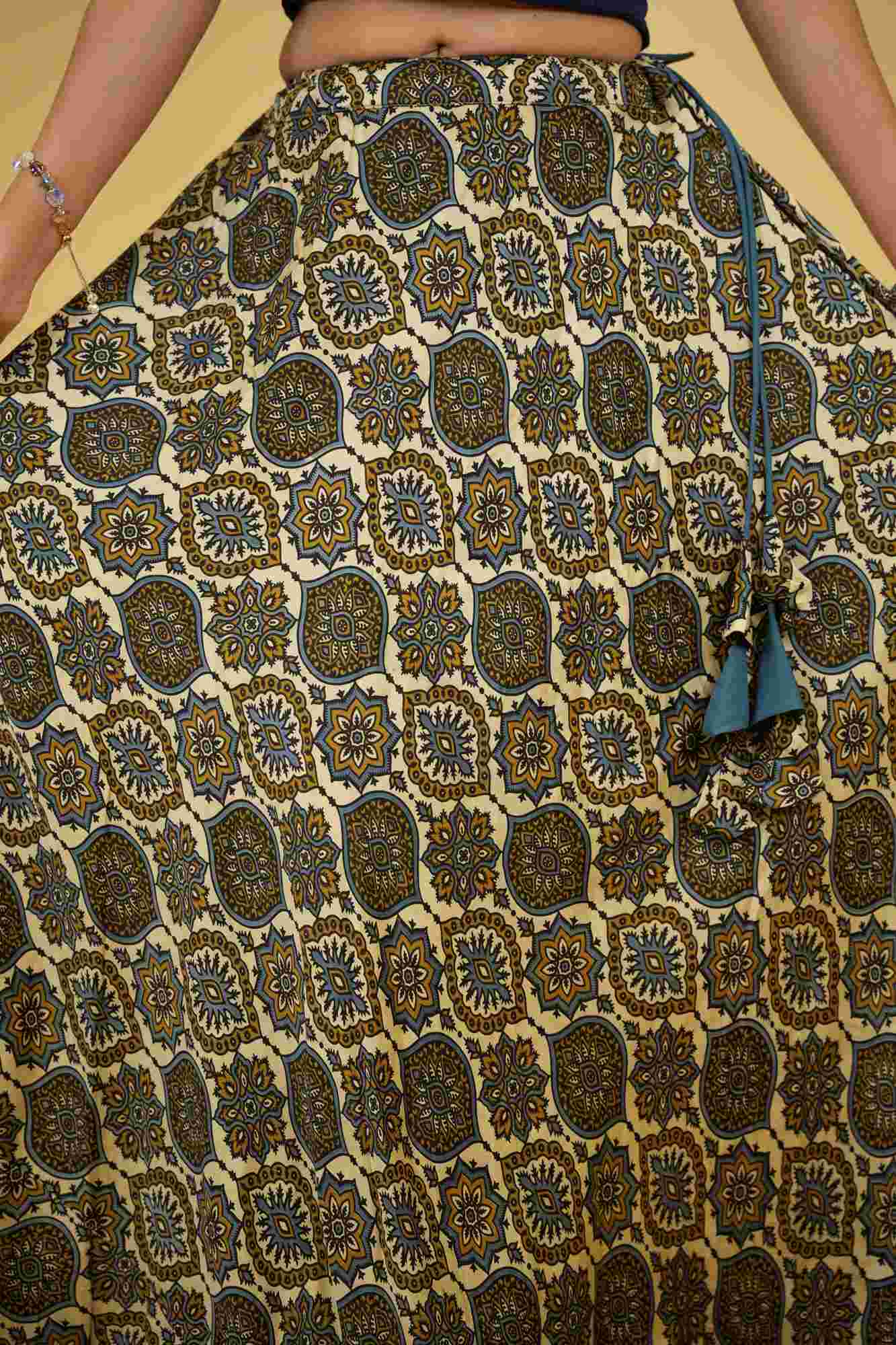 Bohemian Block Print Mashru Silk with Lining Flared Skirt