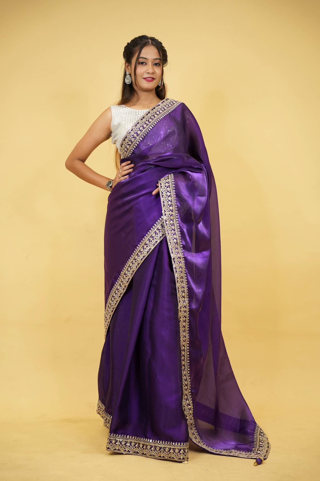 Cotton Organza Crepe Royal Purple with Zari Embroidery Ready To Wear Saree with ready halter blouse