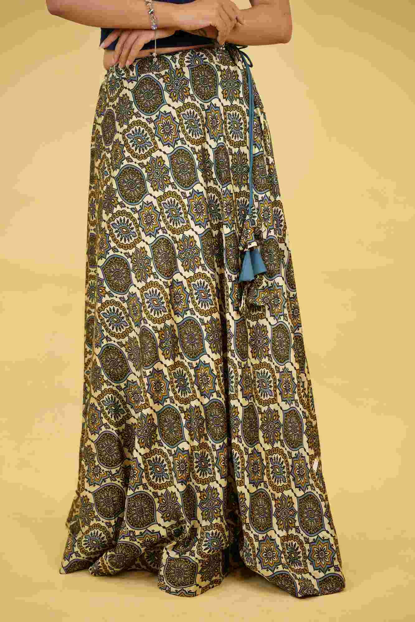 Bohemian Block Print Mashru Silk with Lining Flared Skirt