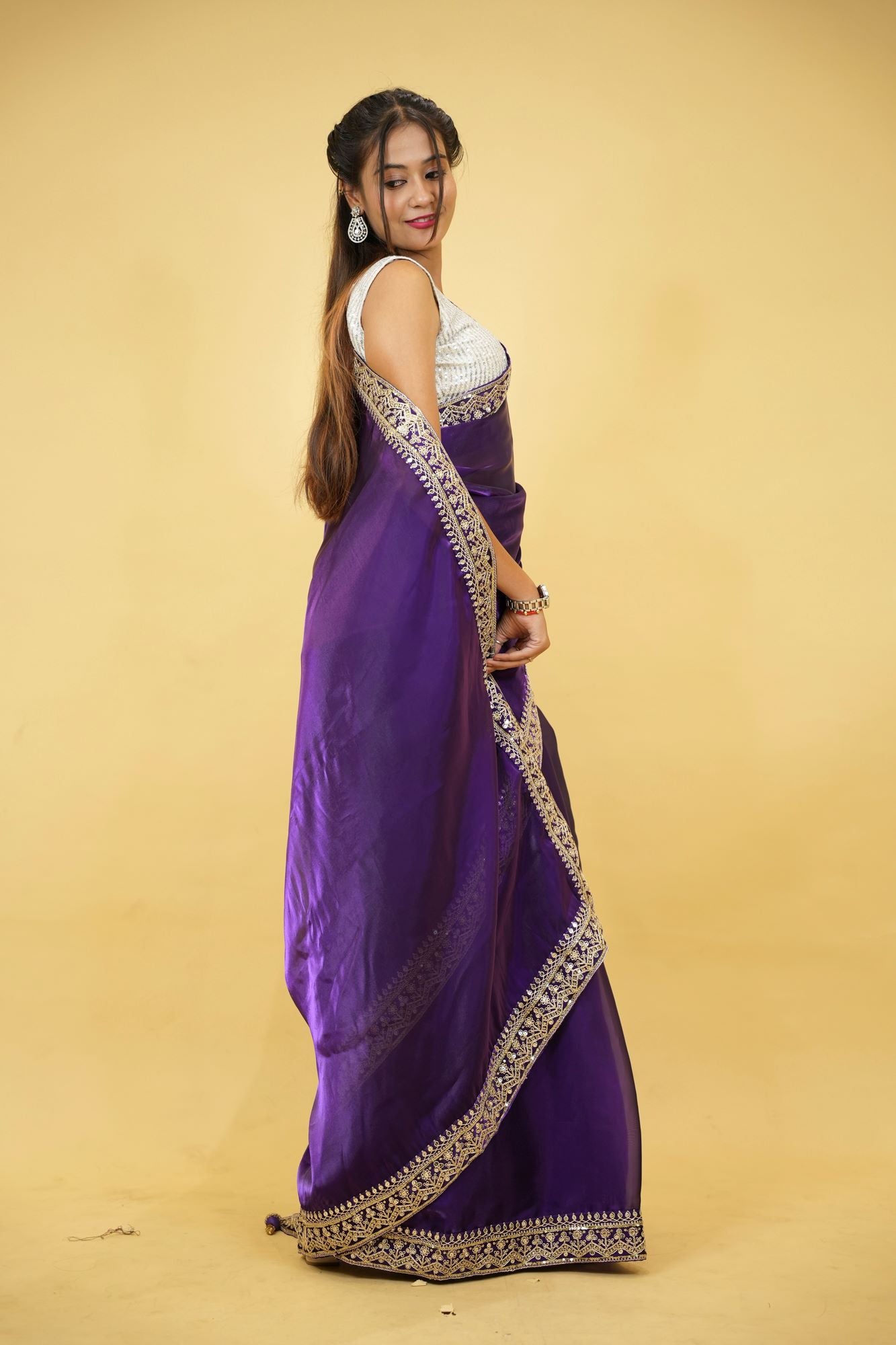 Cotton Organza Crepe Royal Purple with Zari Embroidery Ready To Wear Saree with ready halter blouse