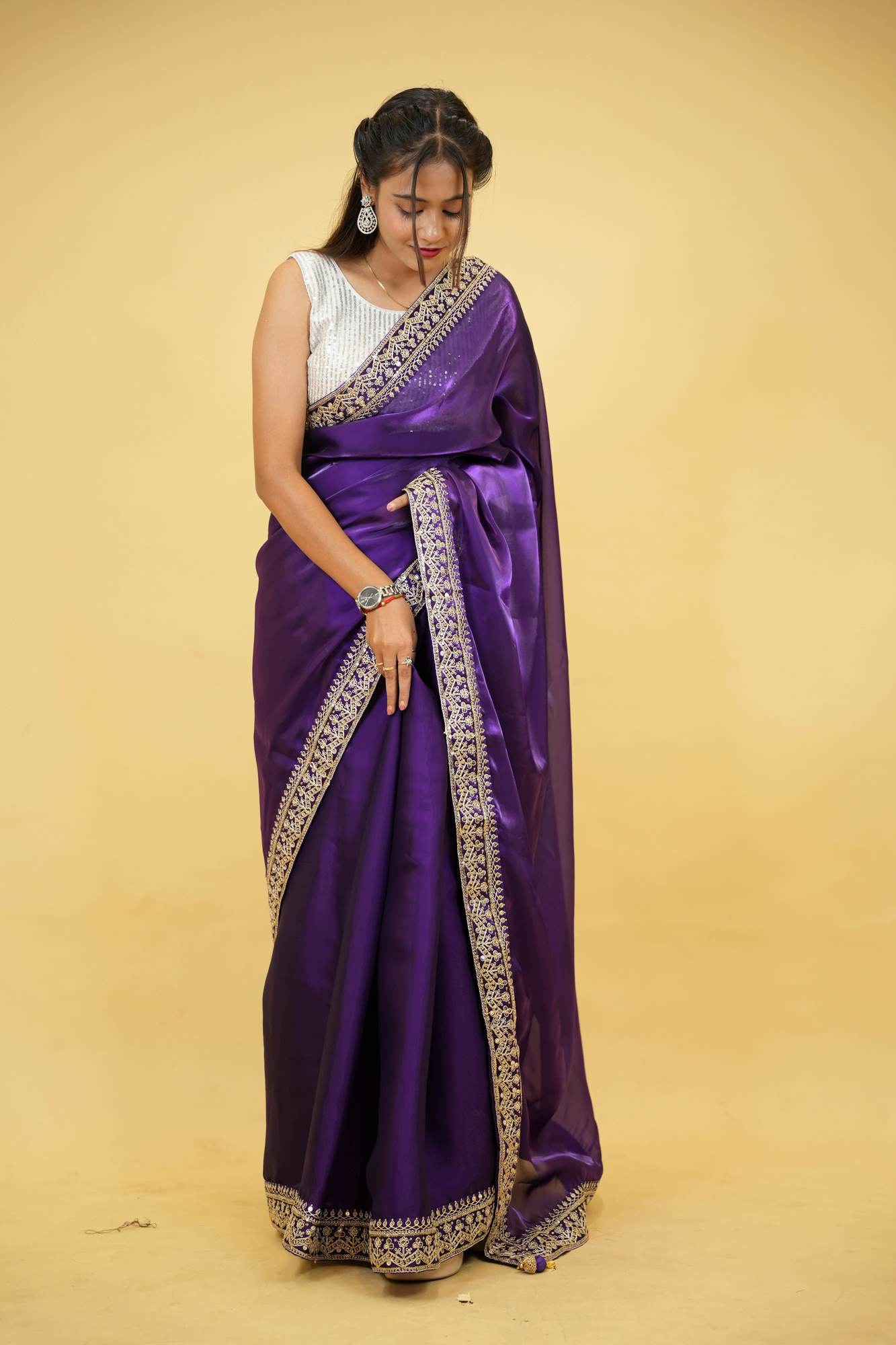 Cotton Organza Crepe Royal Purple with Zari Embroidery Ready To Wear Saree with ready halter blouse