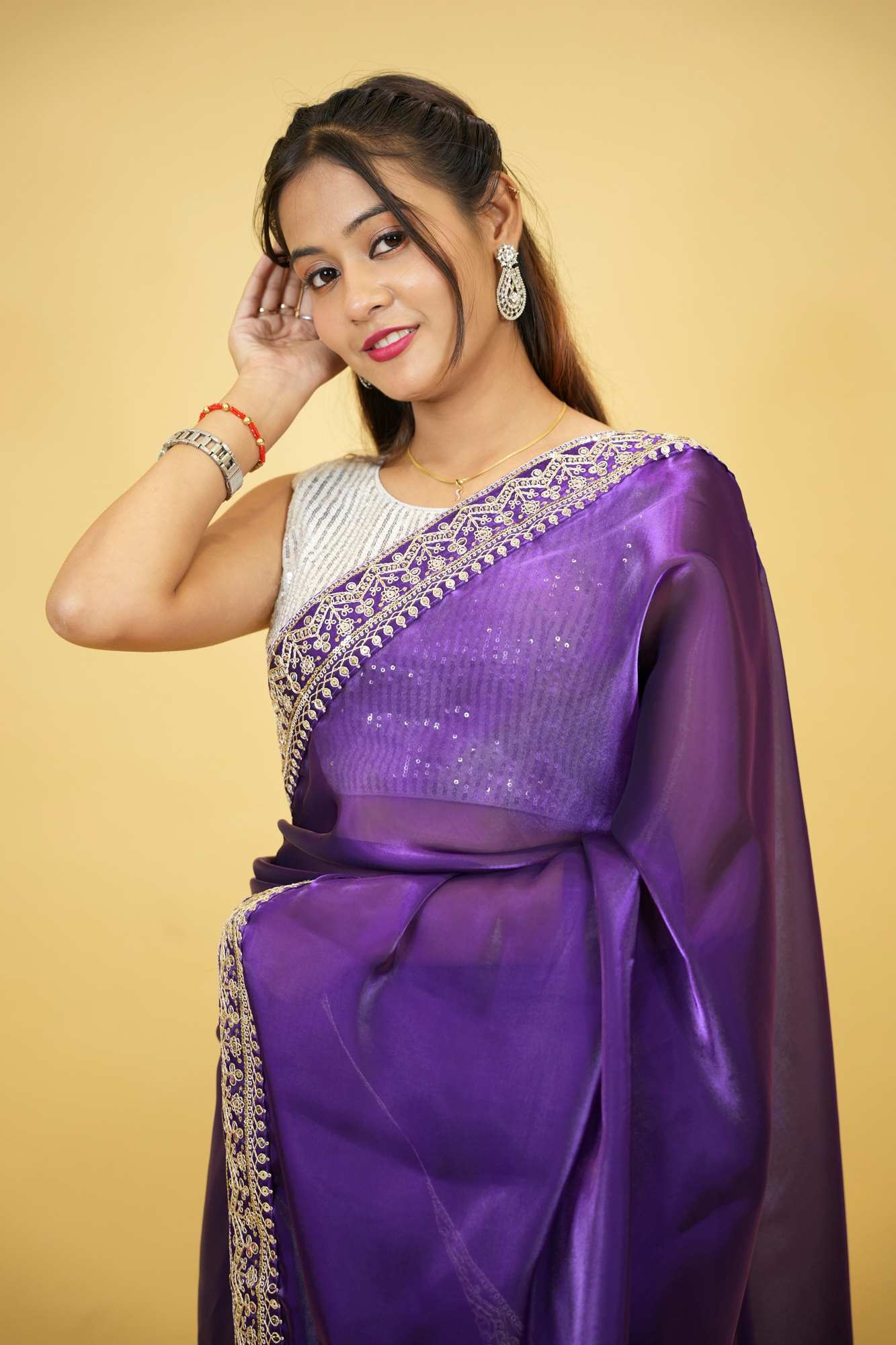 Cotton Organza Crepe Royal Purple with Zari Embroidery Ready To Wear Saree with ready halter blouse