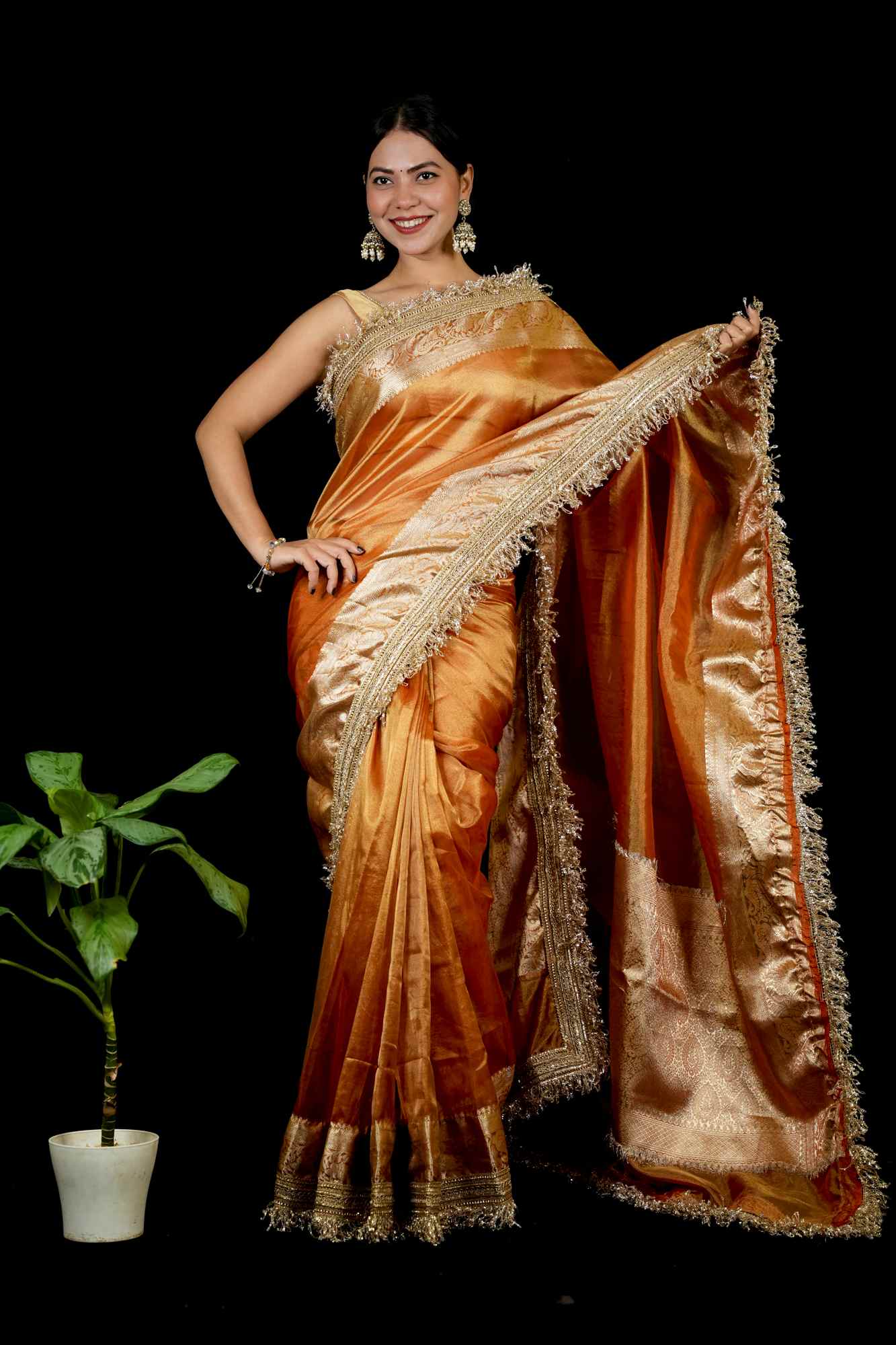 Beautiful Banarasi Tissue Silk with designer Lace Border & floral weaving Ready To Wear Saree
