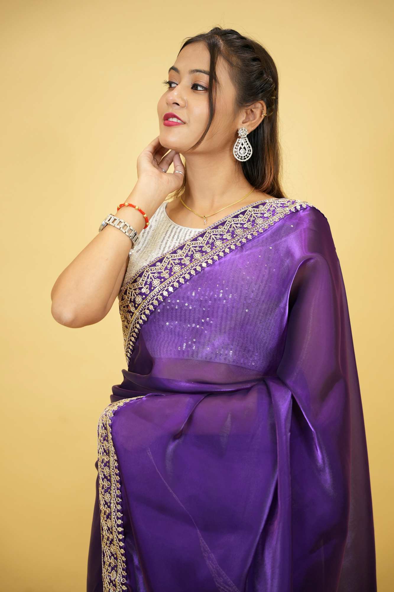 Cotton Organza Crepe Royal Purple with Zari Embroidery Ready To Wear Saree with ready halter blouse