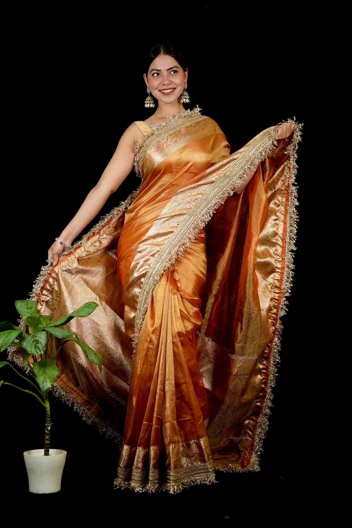 Beautiful Banarasi Tissue Silk with designer Lace Border & floral weaving Ready To Wear Saree