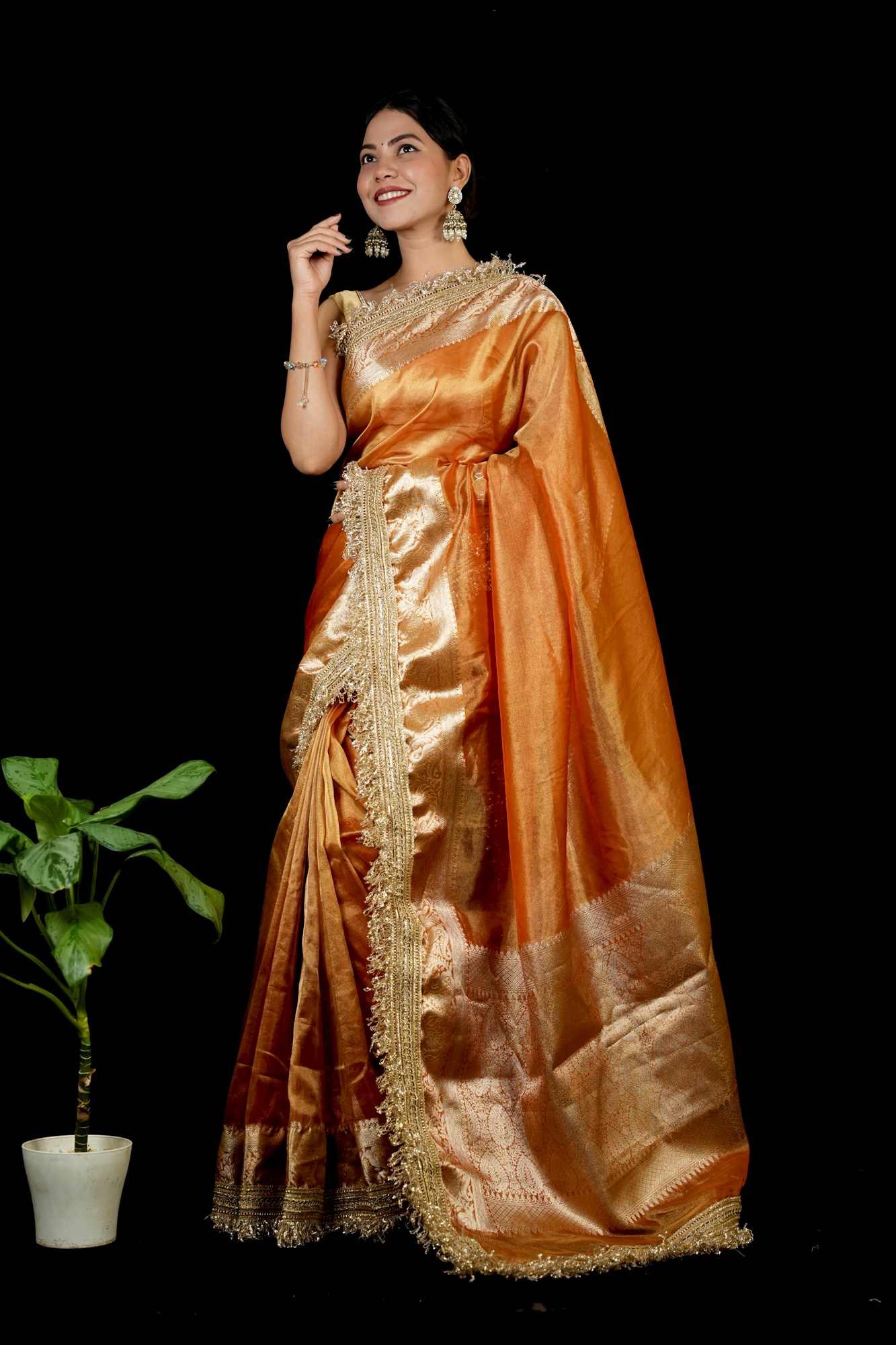 Beautiful Banarasi Tissue Silk with designer Lace Border & floral weaving Ready To Wear Saree