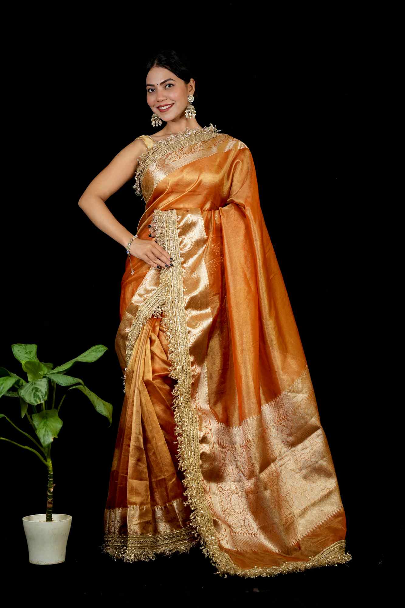 Beautiful Banarasi Tissue Silk with designer Lace Border & floral weaving Ready To Wear Saree