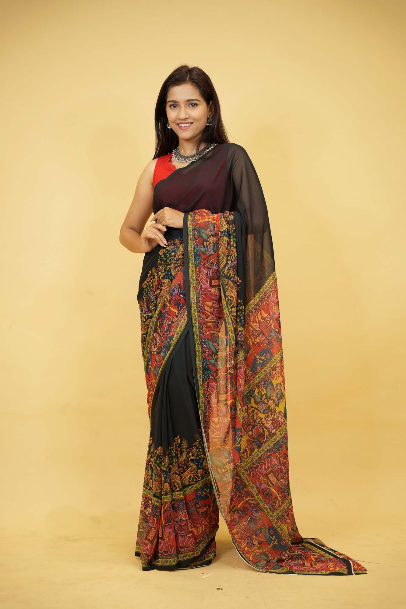 Soft Georgette with intricate floral & animal motif print prestitched ready to wear saree