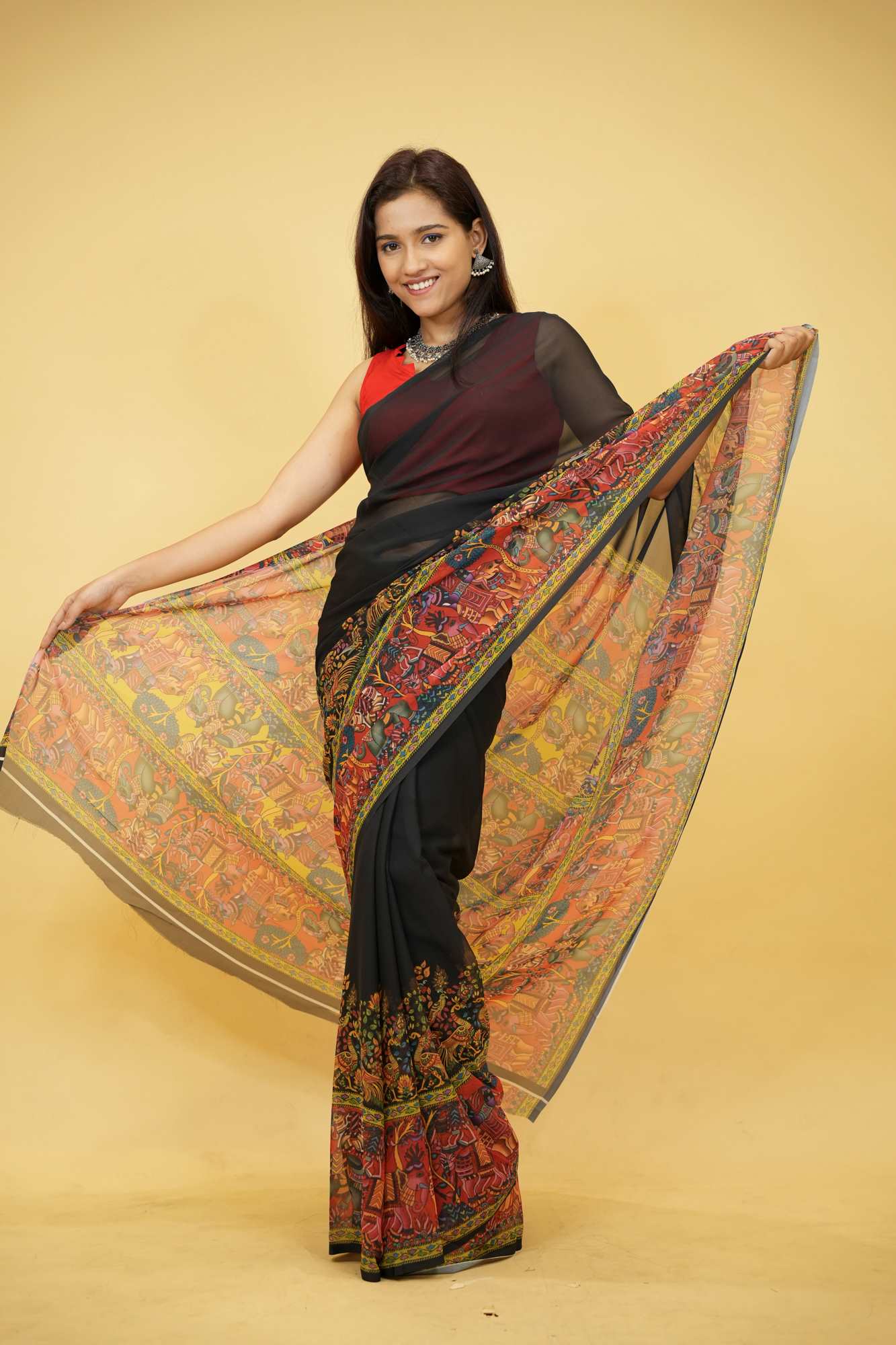 Soft Georgette with intricate floral & animal motif print prestitched ready to wear saree