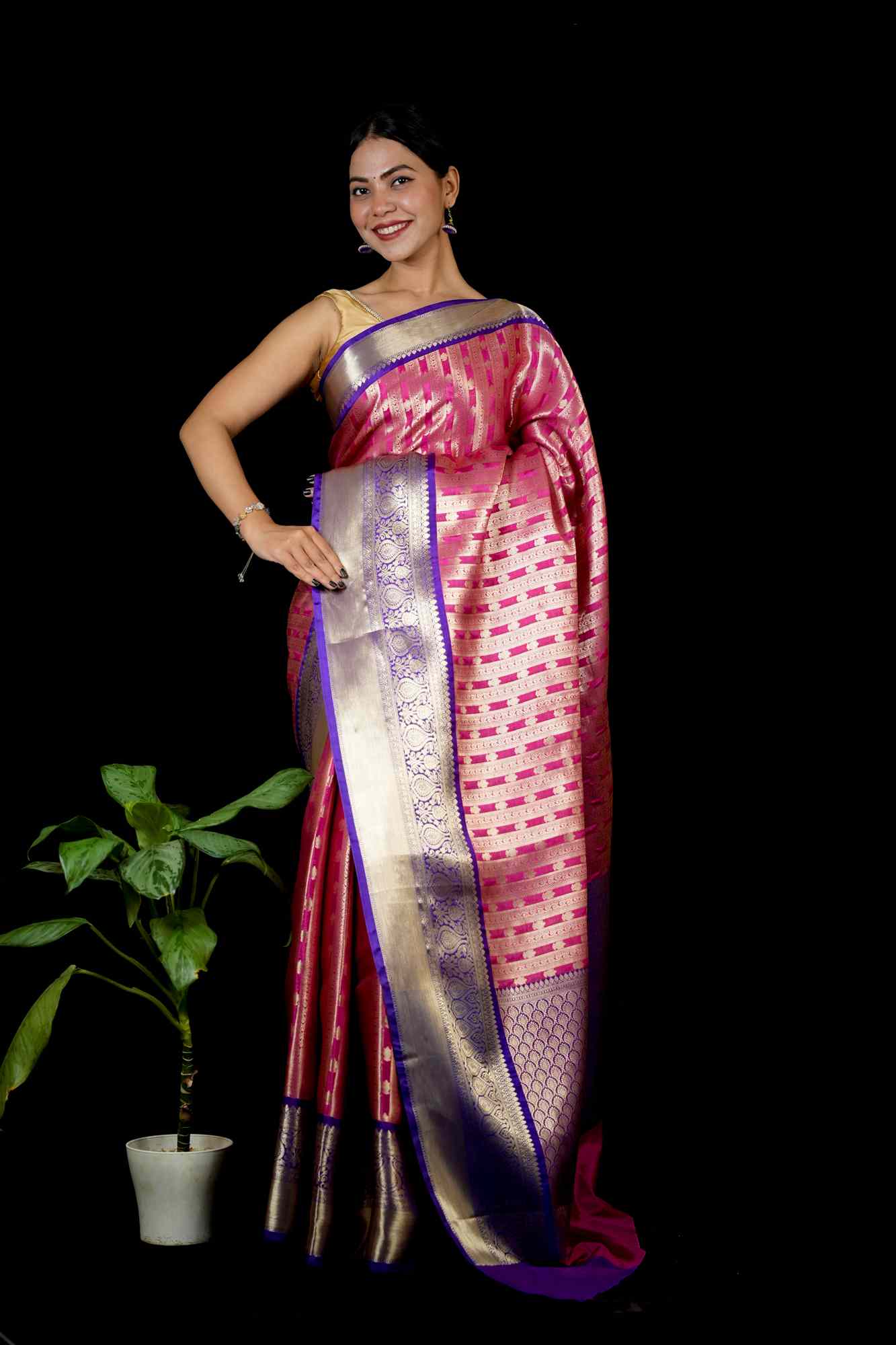 Banarasi with Golden Zari Motif weave and Grand Pallu Ready To Wear Saree