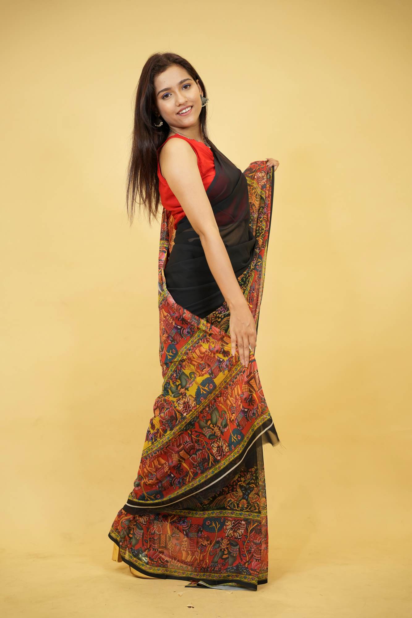 Soft Georgette with intricate floral & animal motif print prestitched ready to wear saree