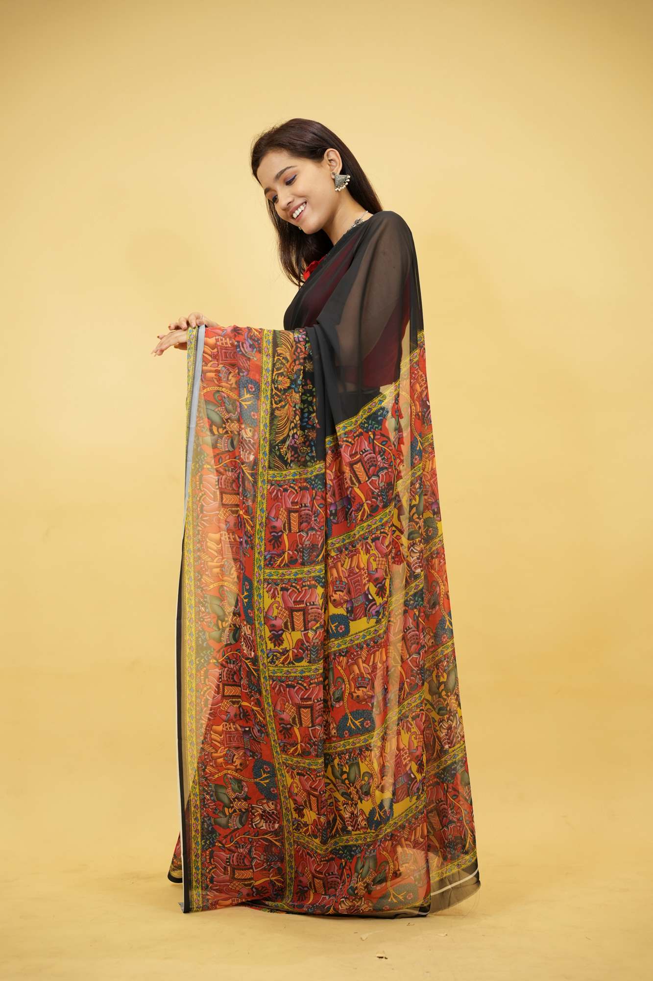 Soft Georgette with intricate floral & animal motif print prestitched ready to wear saree