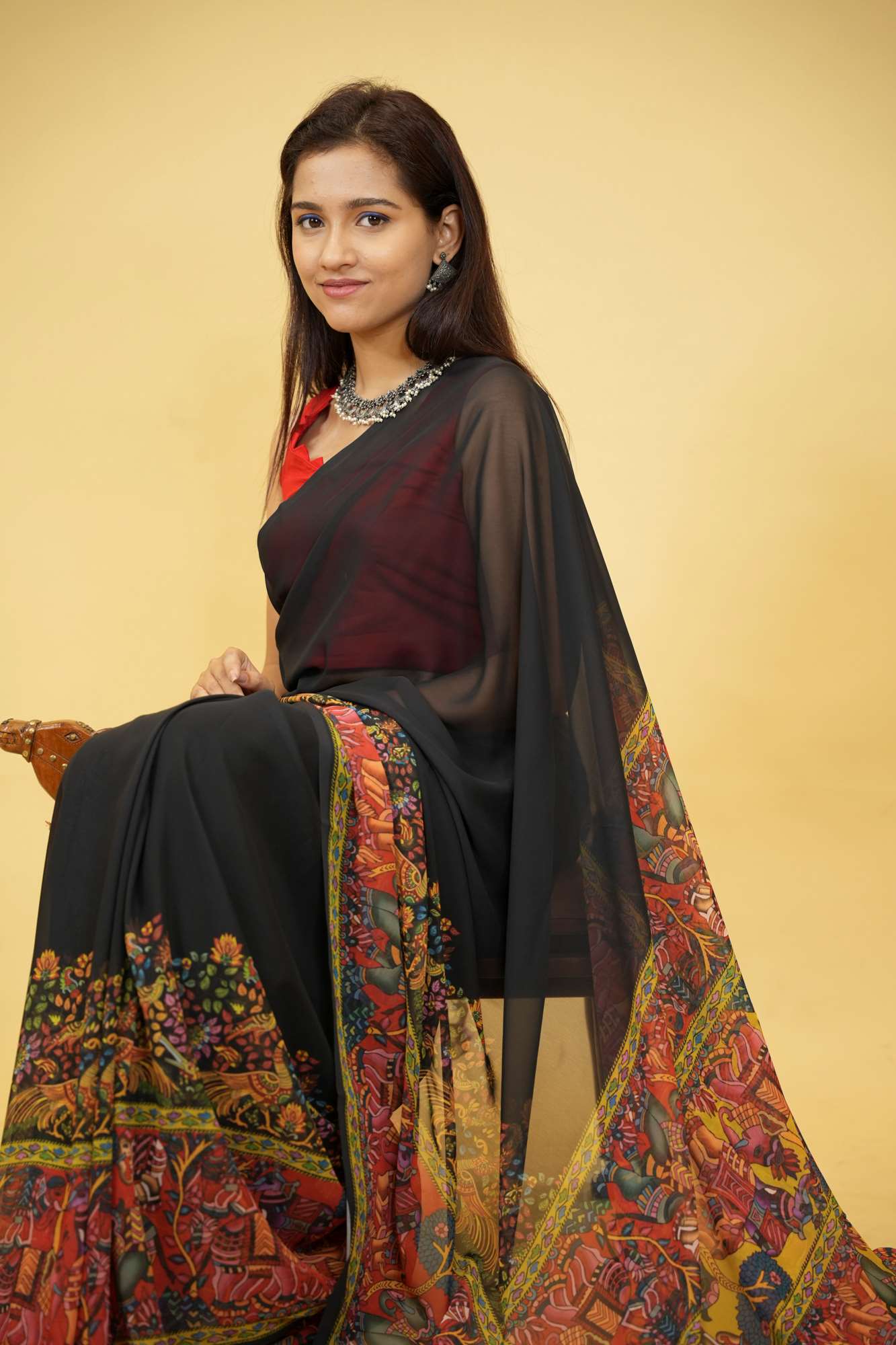 Soft Georgette with intricate floral & animal motif print prestitched ready to wear saree