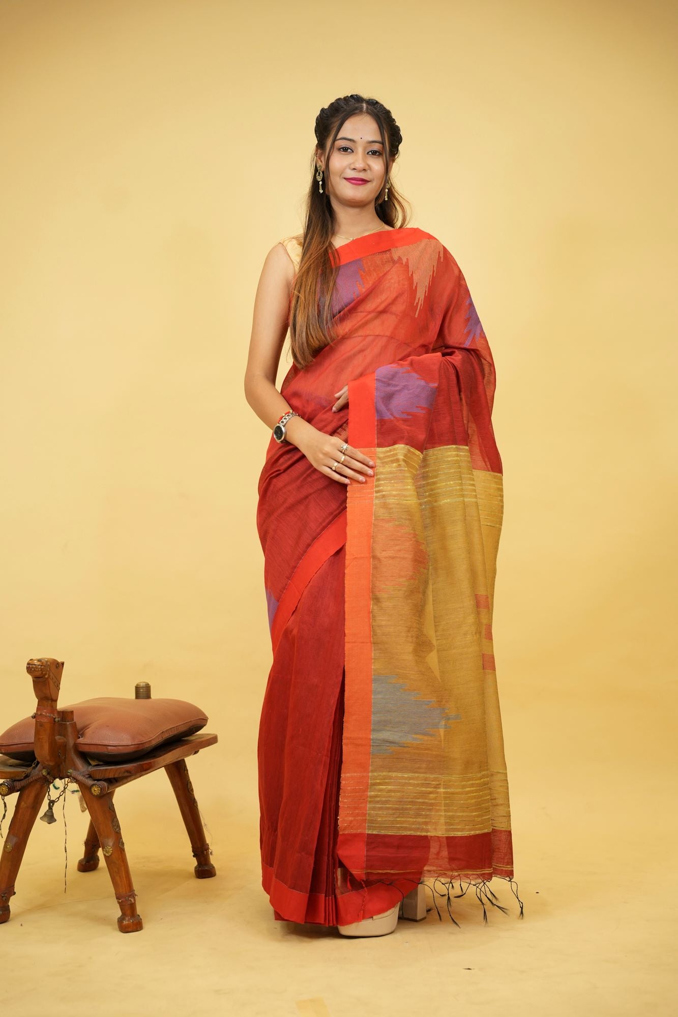 Cotton Silk Handloom with Temple Border & Box Weave Ready To Wear Saree