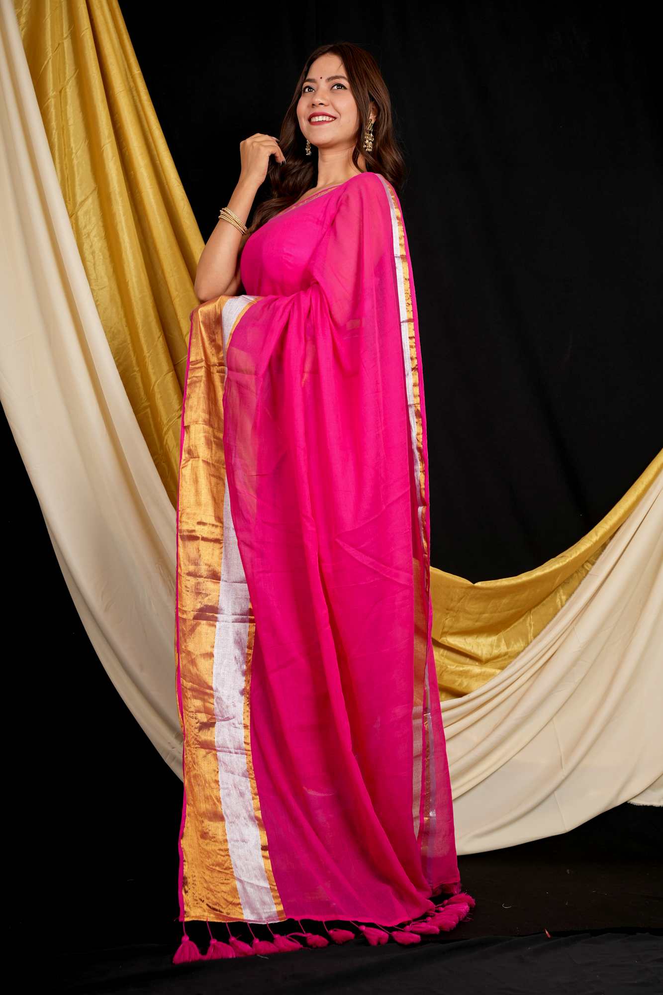 Mul Mul Cotton With Contrast Border Handloom Work Ready To Wear Saree