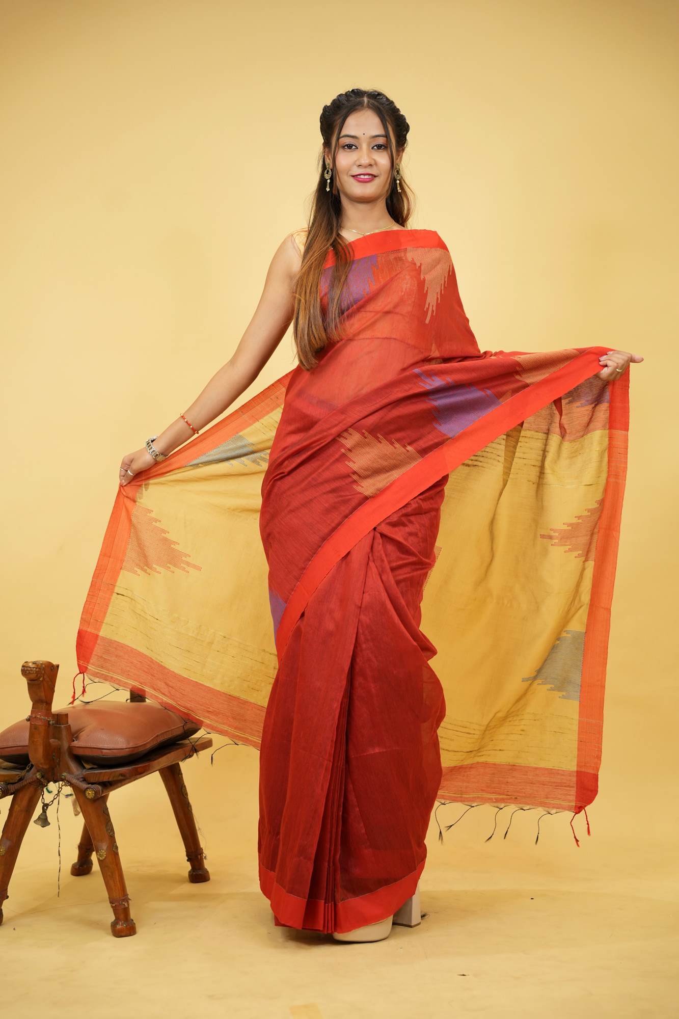 Cotton Silk Handloom with Temple Border & Box Weave Ready To Wear Saree