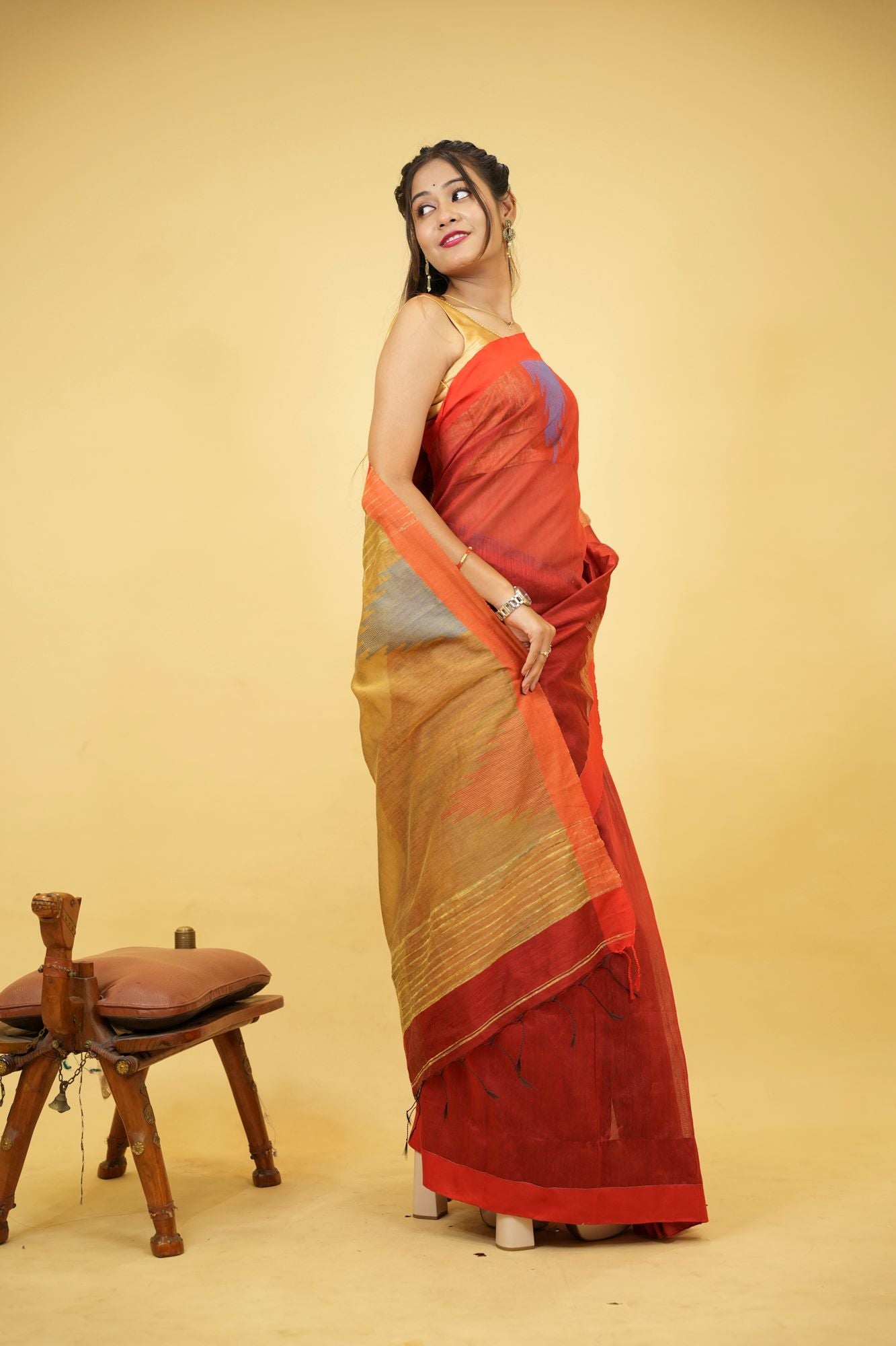 Cotton Silk Handloom with Temple Border & Box Weave Ready To Wear Saree