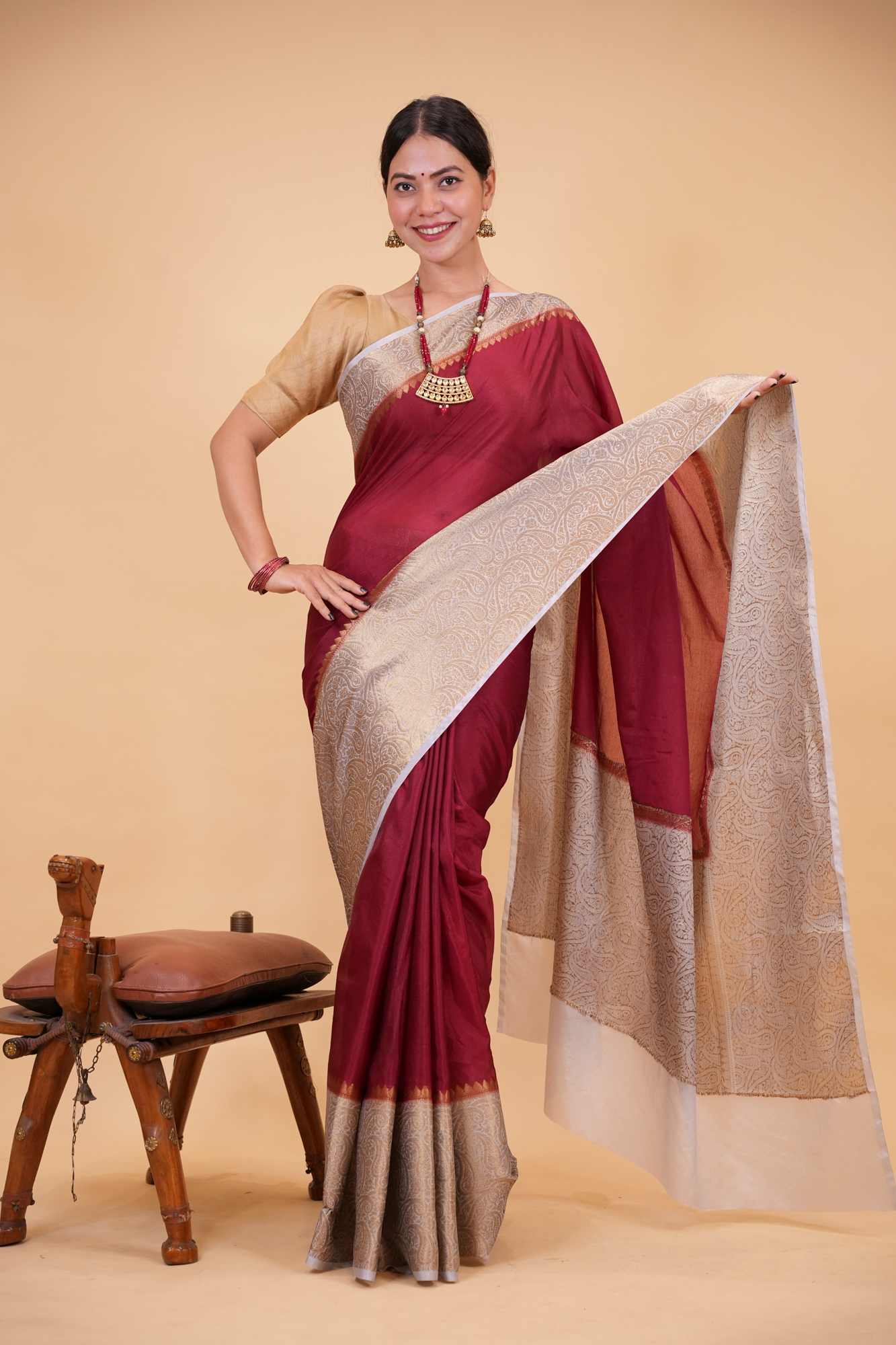 Soft Warm Silk with Intricate Zari Weaving, Broad Border & Classic Pallu Ready To Wear Saree