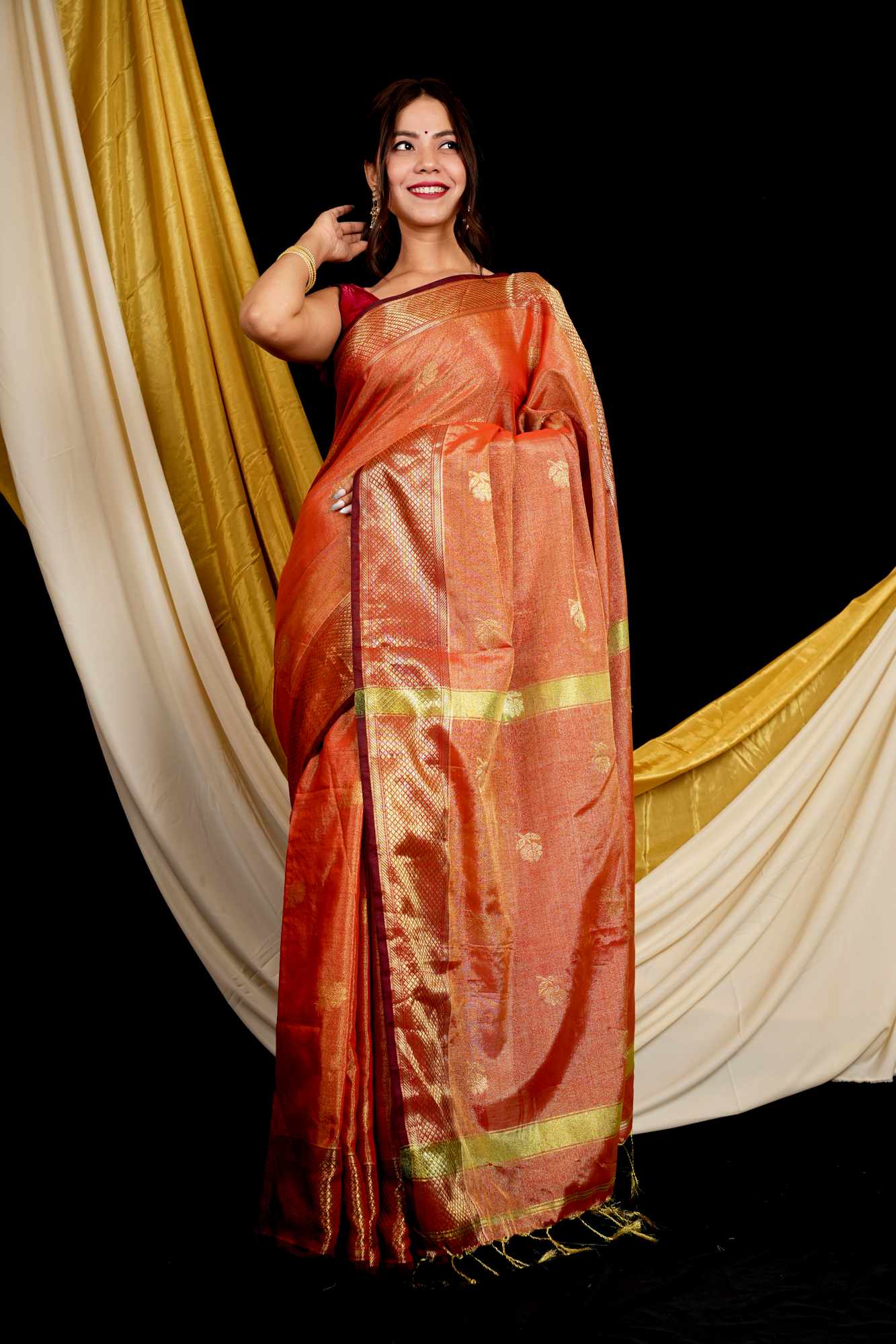 Maheshwari Cotton Silk All Over Buta Zari Work Border Ready To Wear Saree