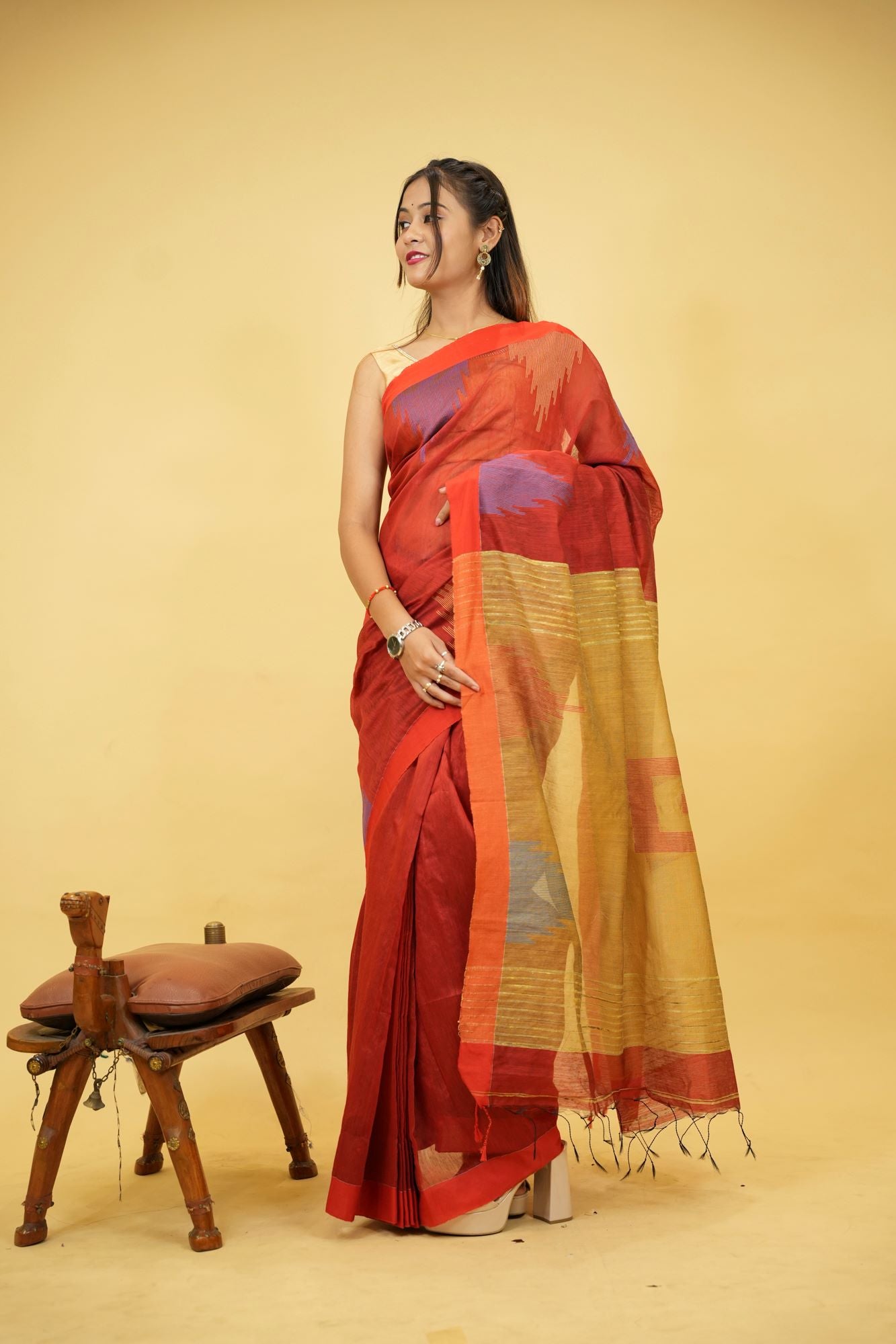 Cotton Silk Handloom with Temple Border & Box Weave Ready To Wear Saree