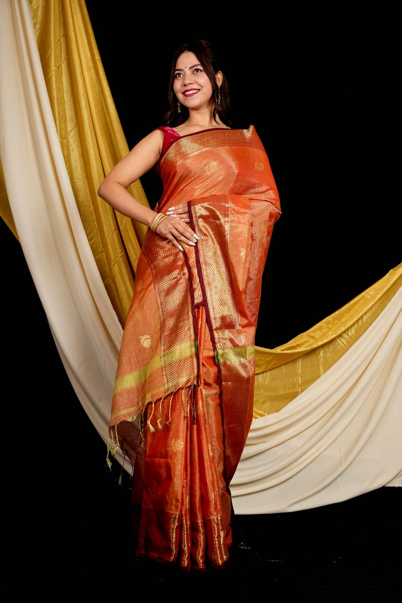 Maheshwari Cotton Silk All Over Buta Zari Work Border Ready To Wear Saree