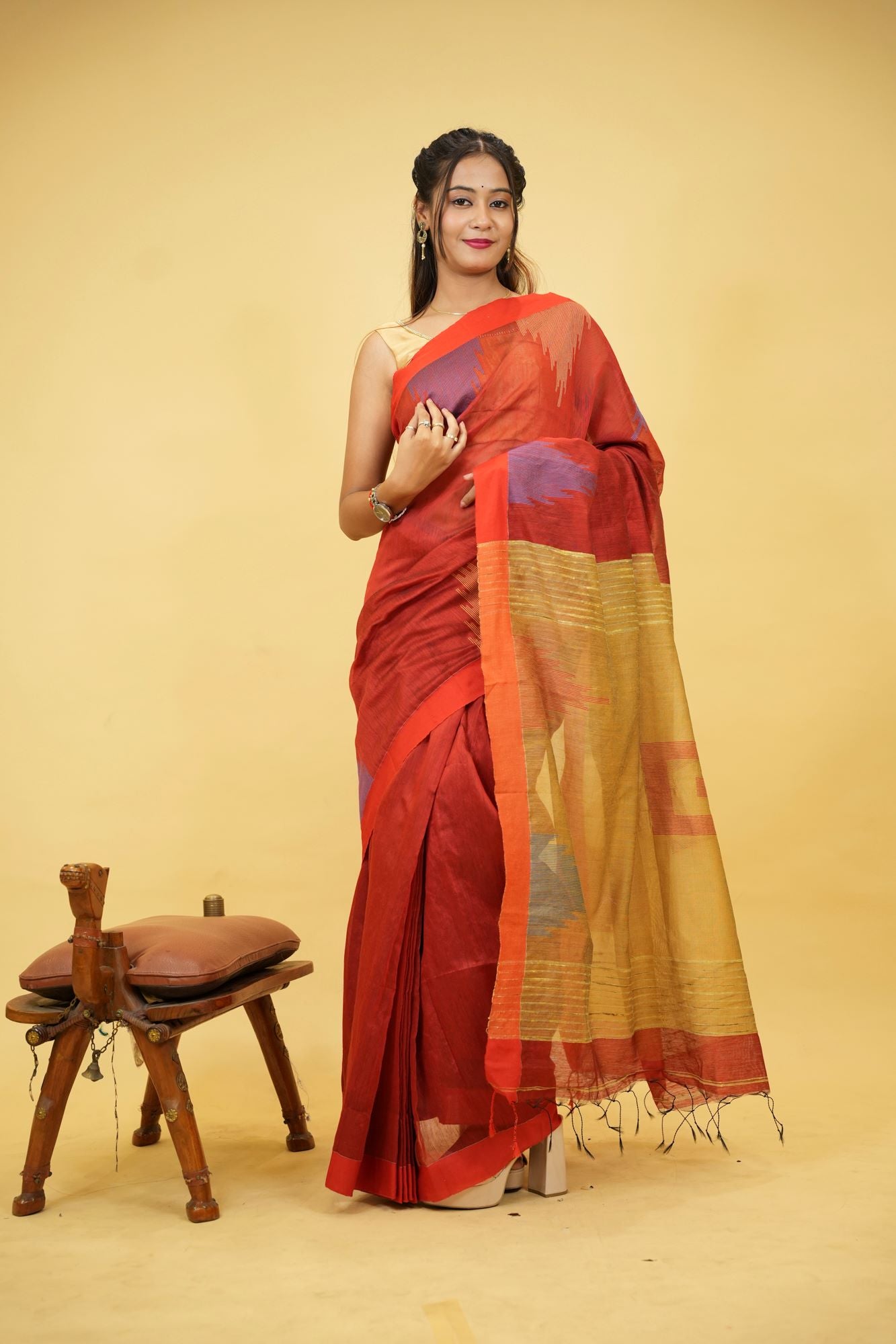 Cotton Silk Handloom with Temple Border & Box Weave Ready To Wear Saree
