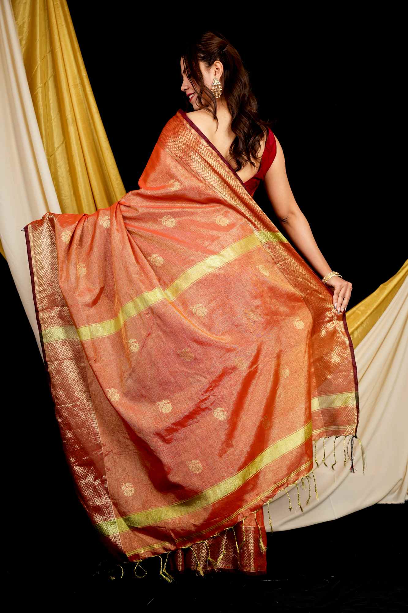 Maheshwari Cotton Silk All Over Buta Zari Work Border Ready To Wear Saree