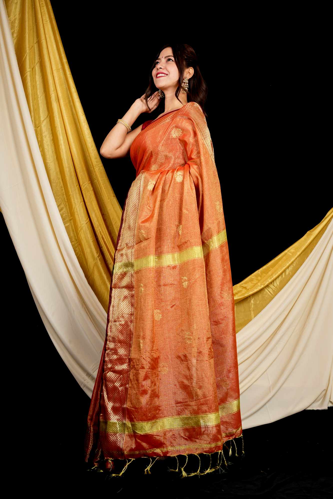 Maheshwari Cotton Silk All Over Buta Zari Work Border Ready To Wear Saree