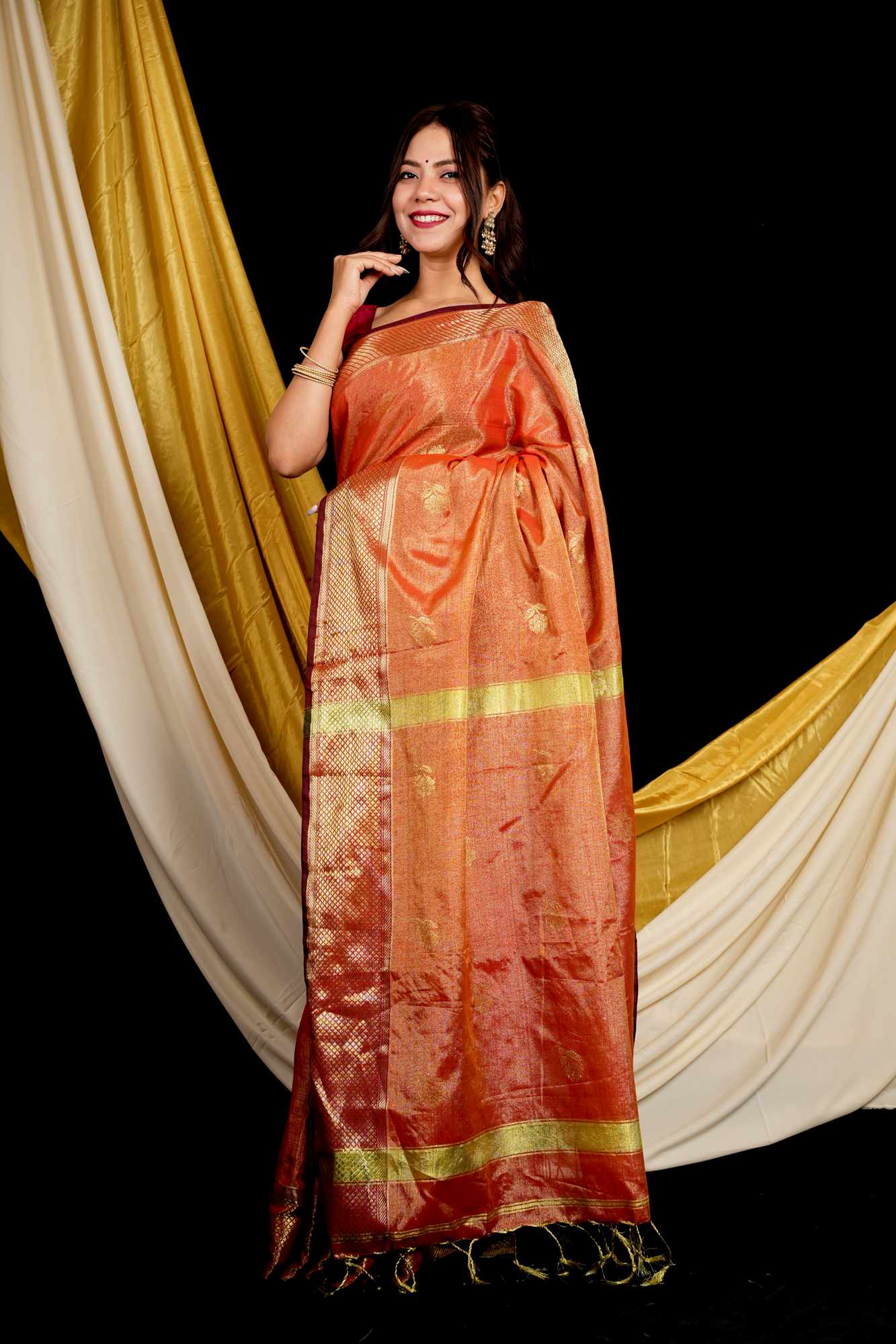 Maheshwari Cotton Silk All Over Buta Zari Work Border Ready To Wear Saree