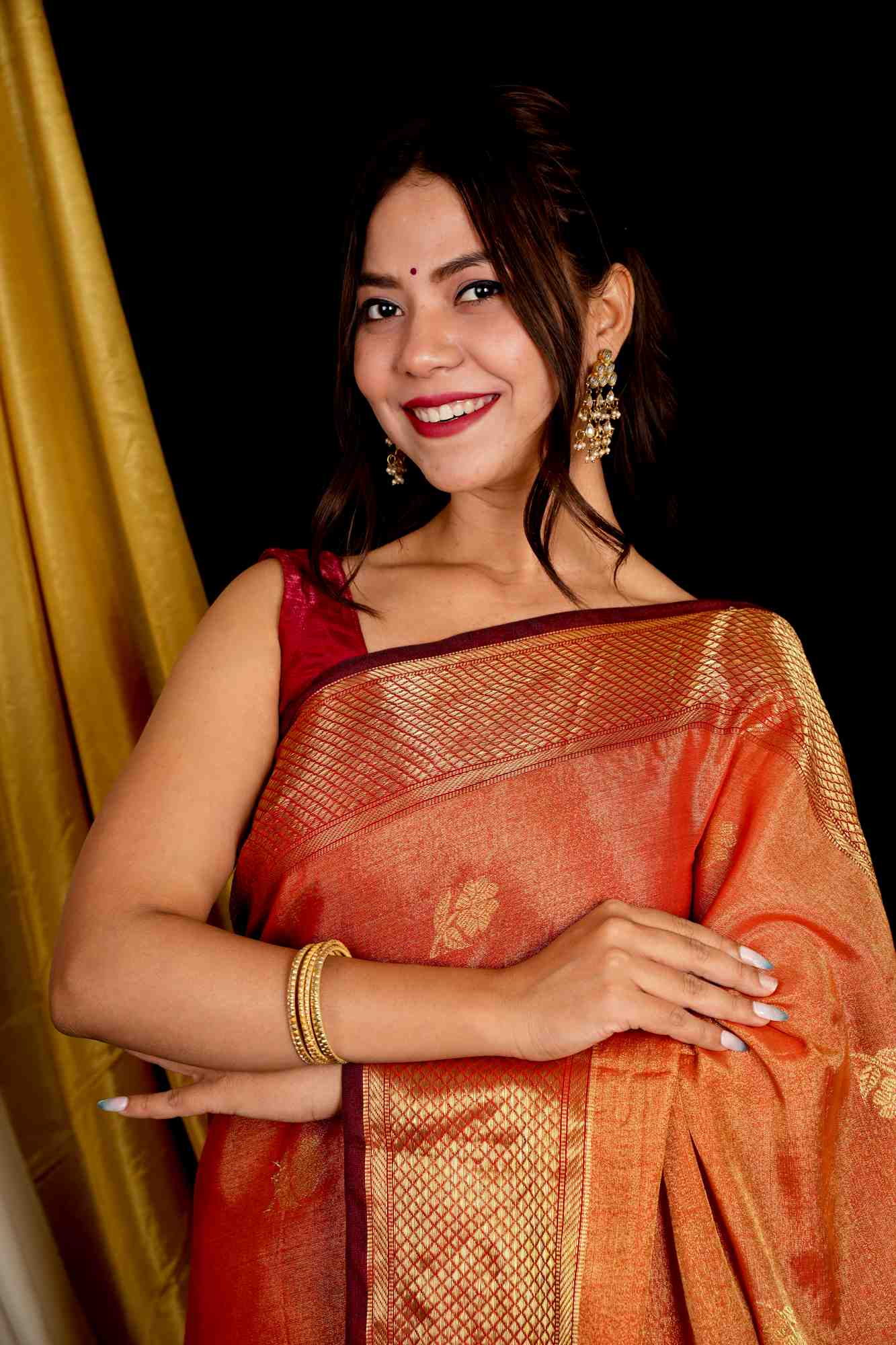 Maheshwari Cotton Silk All Over Buta Zari Work Border Ready To Wear Saree