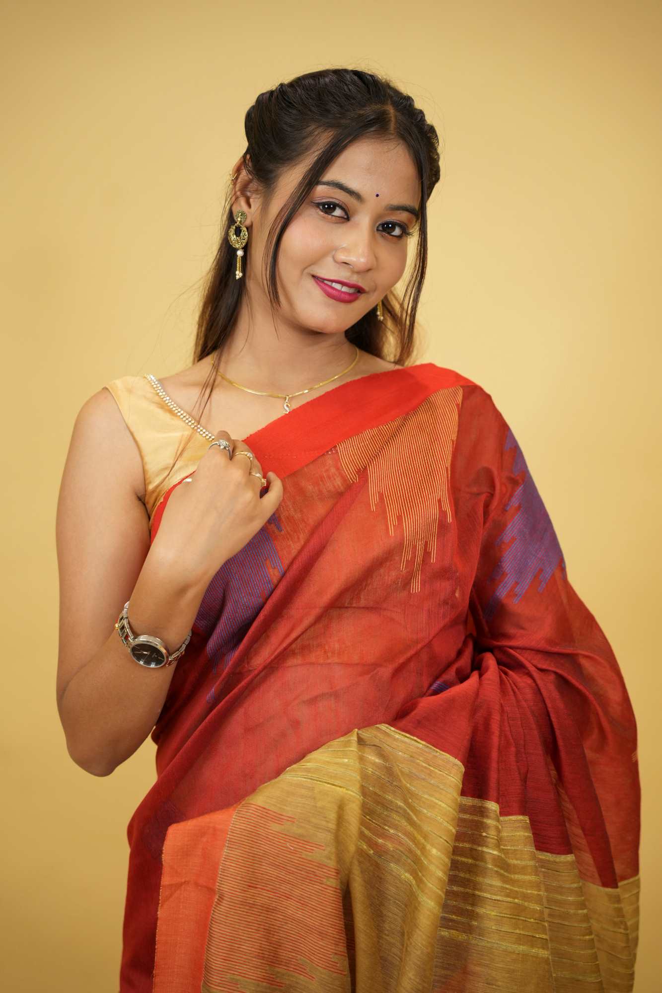 Cotton Silk Handloom with Temple Border & Box Weave Ready To Wear Saree