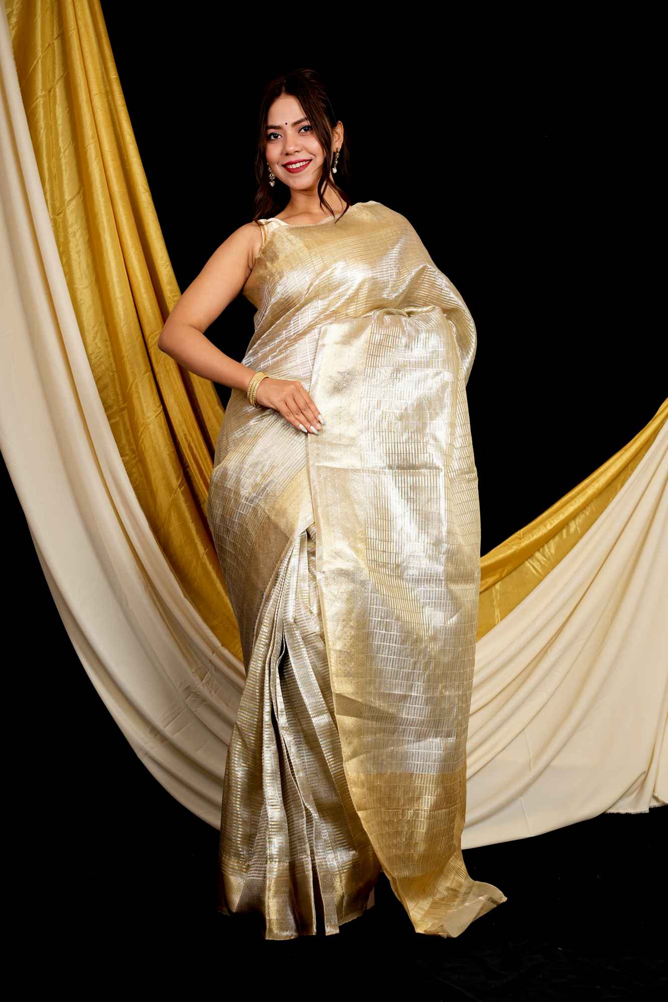 Golden Soft Tissue Silk with Geometric Patterns & Decorative Border Ready To Wear Saree