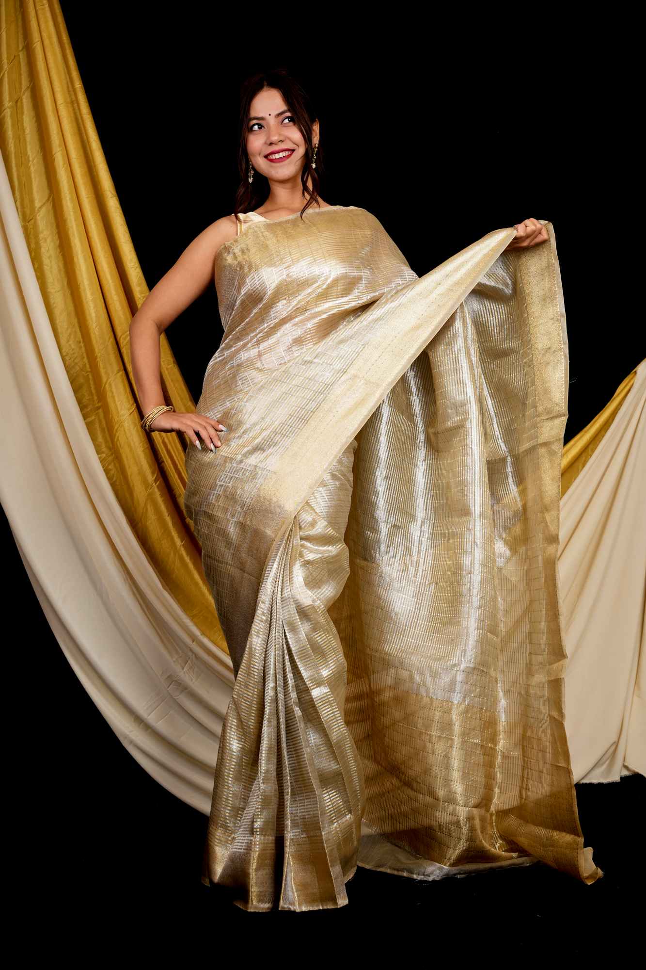 Golden Soft Tissue Silk with Geometric Patterns & Decorative Border Ready To Wear Saree
