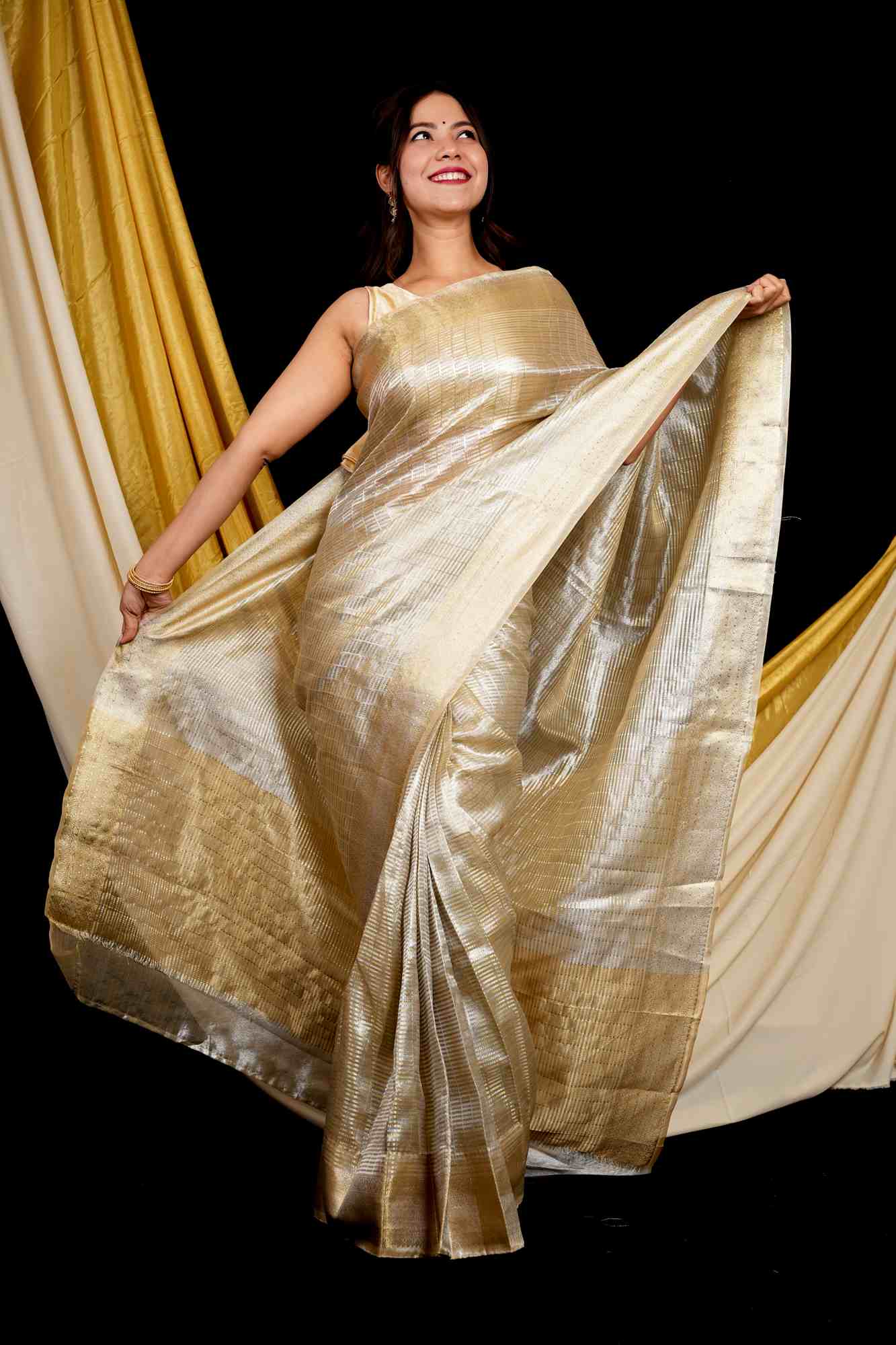 Golden Soft Tissue Silk with Geometric Patterns & Decorative Border Ready To Wear Saree