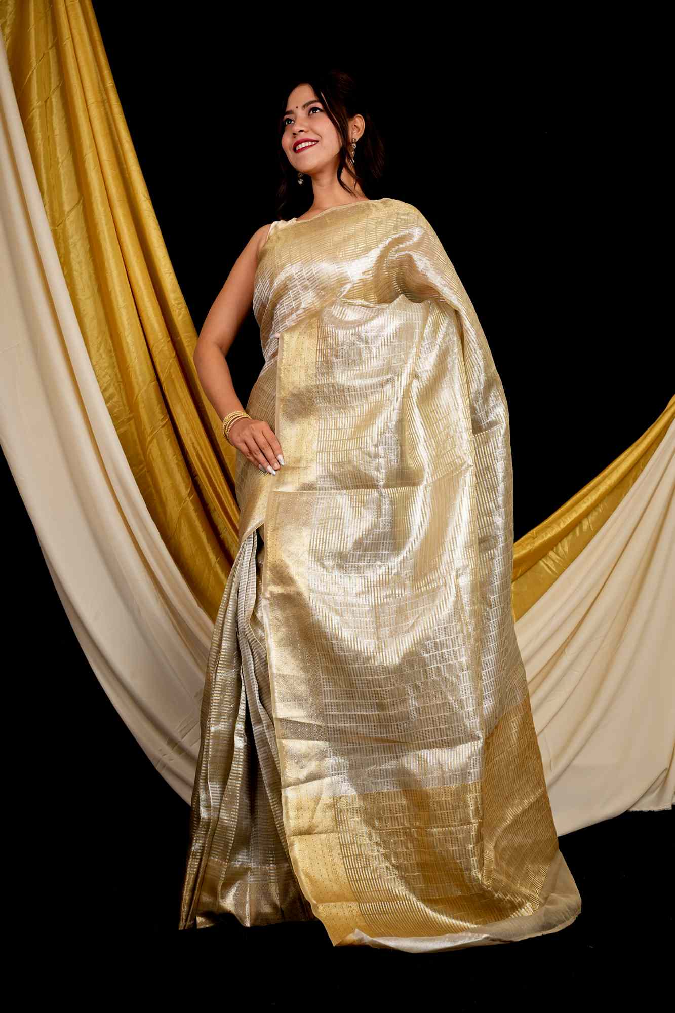 Golden Soft Tissue Silk with Geometric Patterns & Decorative Border Ready To Wear Saree
