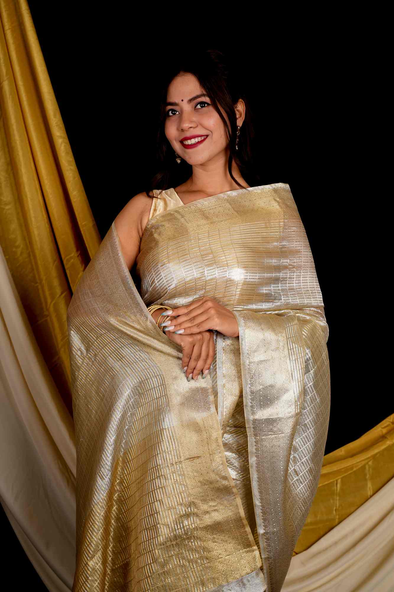 Golden Soft Tissue Silk with Geometric Patterns & Decorative Border Ready To Wear Saree
