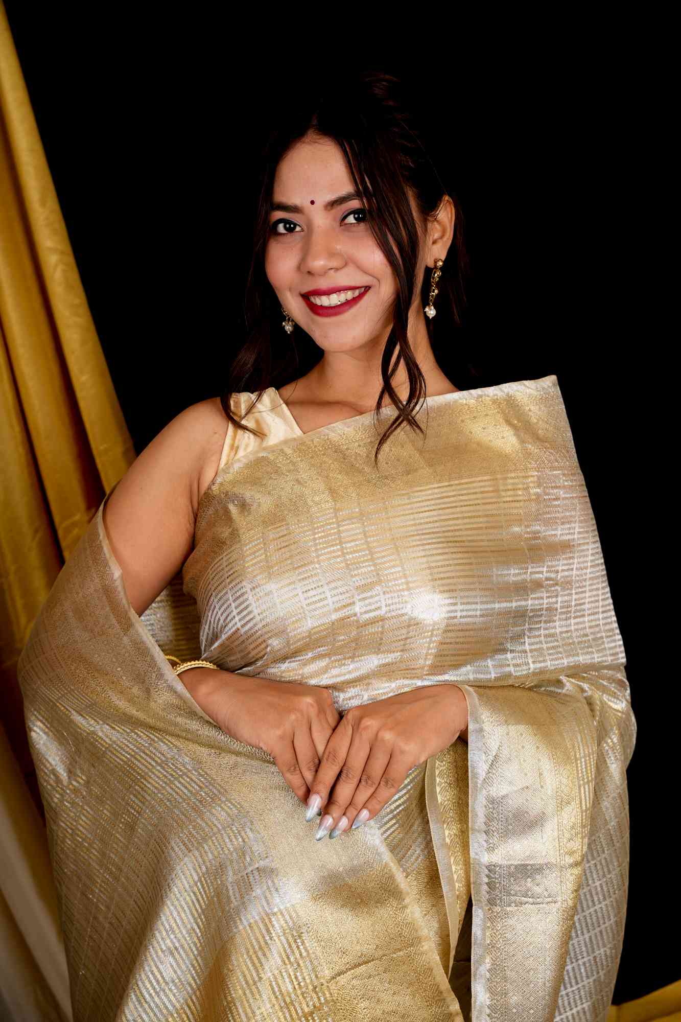Golden Soft Tissue Silk with Geometric Patterns & Decorative Border Ready To Wear Saree