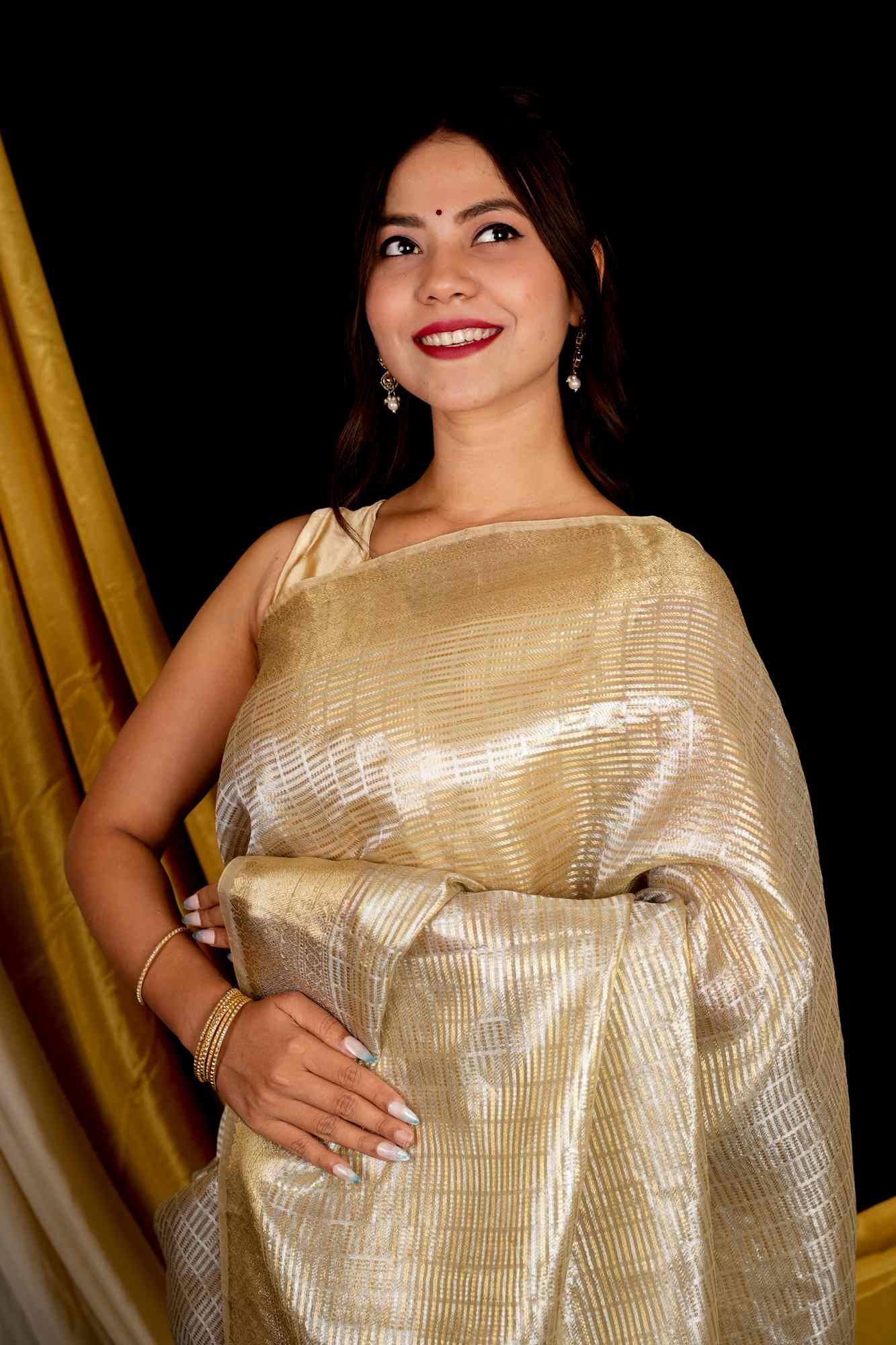 Golden Soft Tissue Silk with Geometric Patterns & Decorative Border Ready To Wear Saree