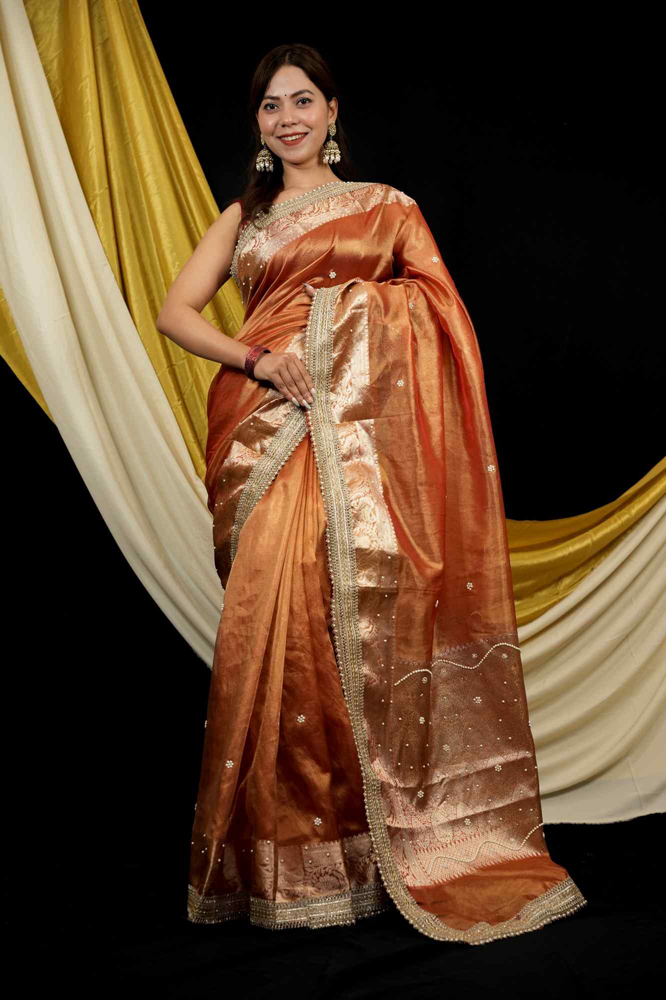 Banarasi Tissue Silk All Over Stone Work With Stone Touch Border And Pallu Ready To Wear Saree