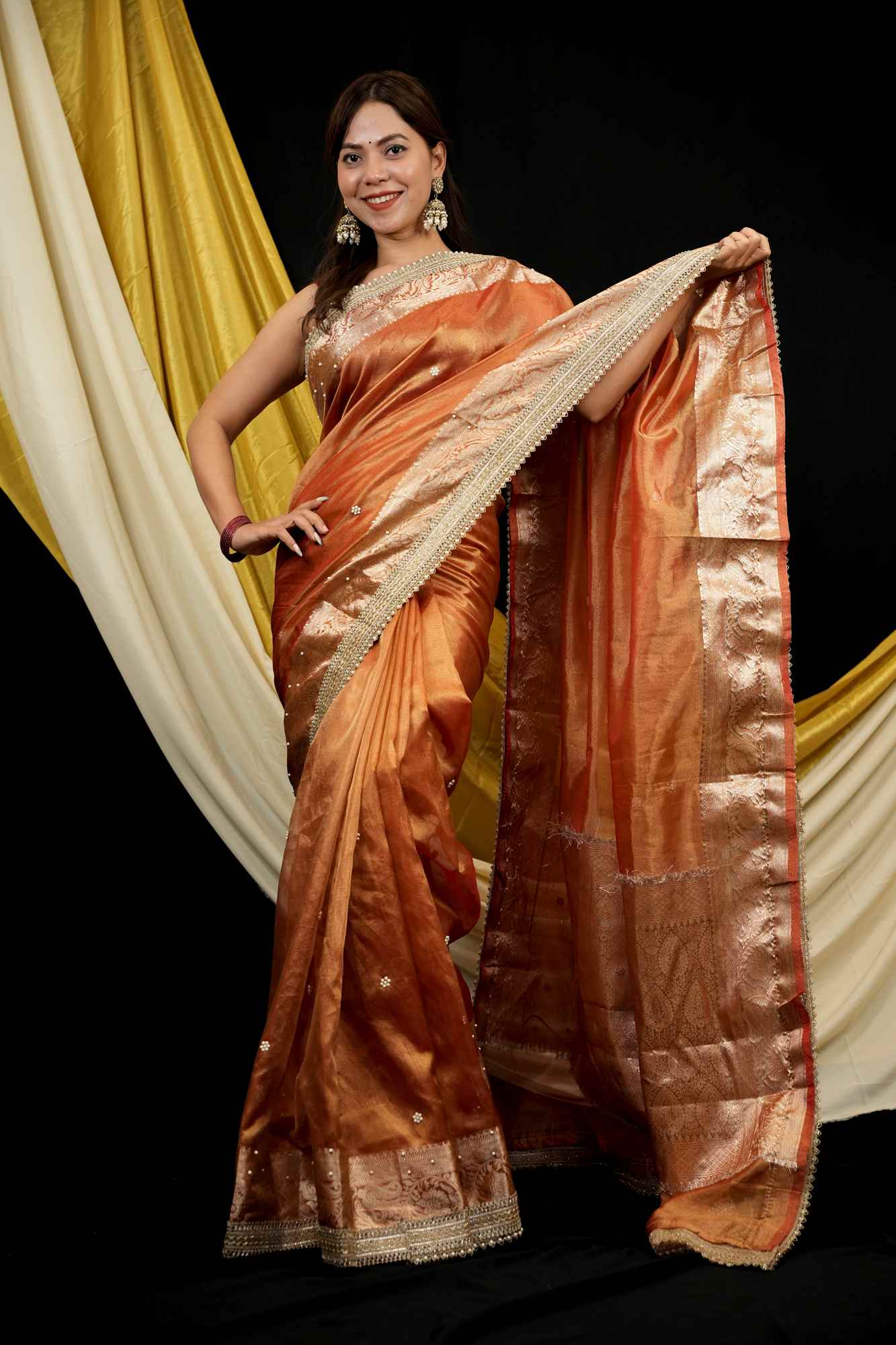 Banarasi Tissue Silk All Over Stone Work With Stone Touch Border And Pallu Ready To Wear Saree