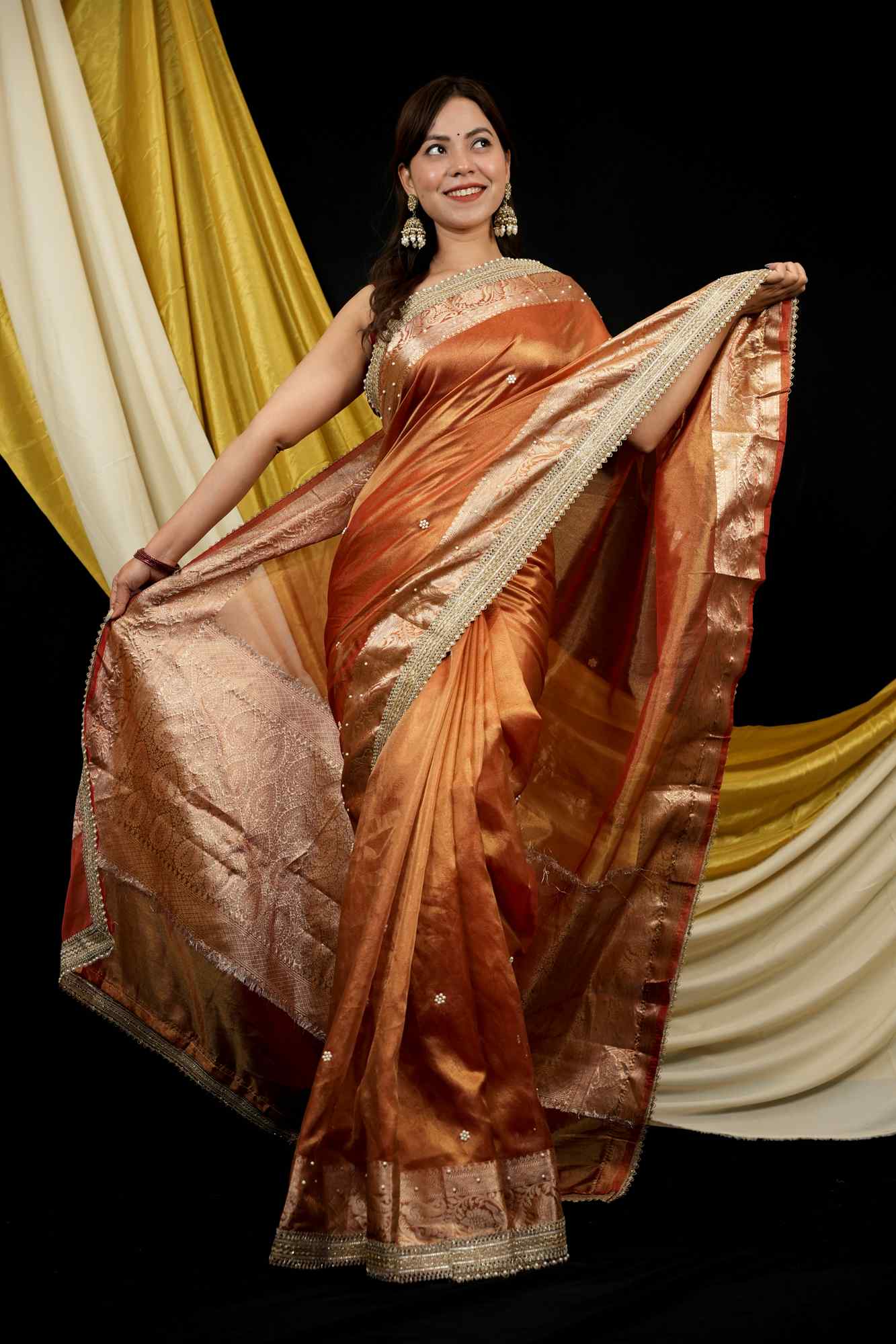 Banarasi Tissue Silk All Over Stone Work With Stone Touch Border And Pallu Ready To Wear Saree