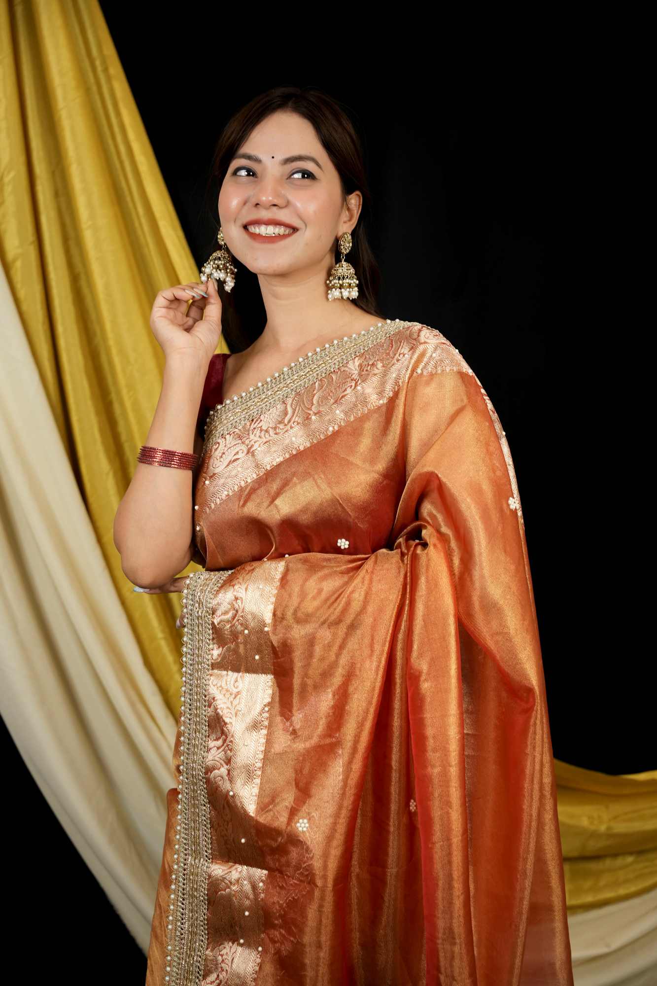 Banarasi Tissue Silk All Over Stone Work With Stone Touch Border And Pallu Ready To Wear Saree