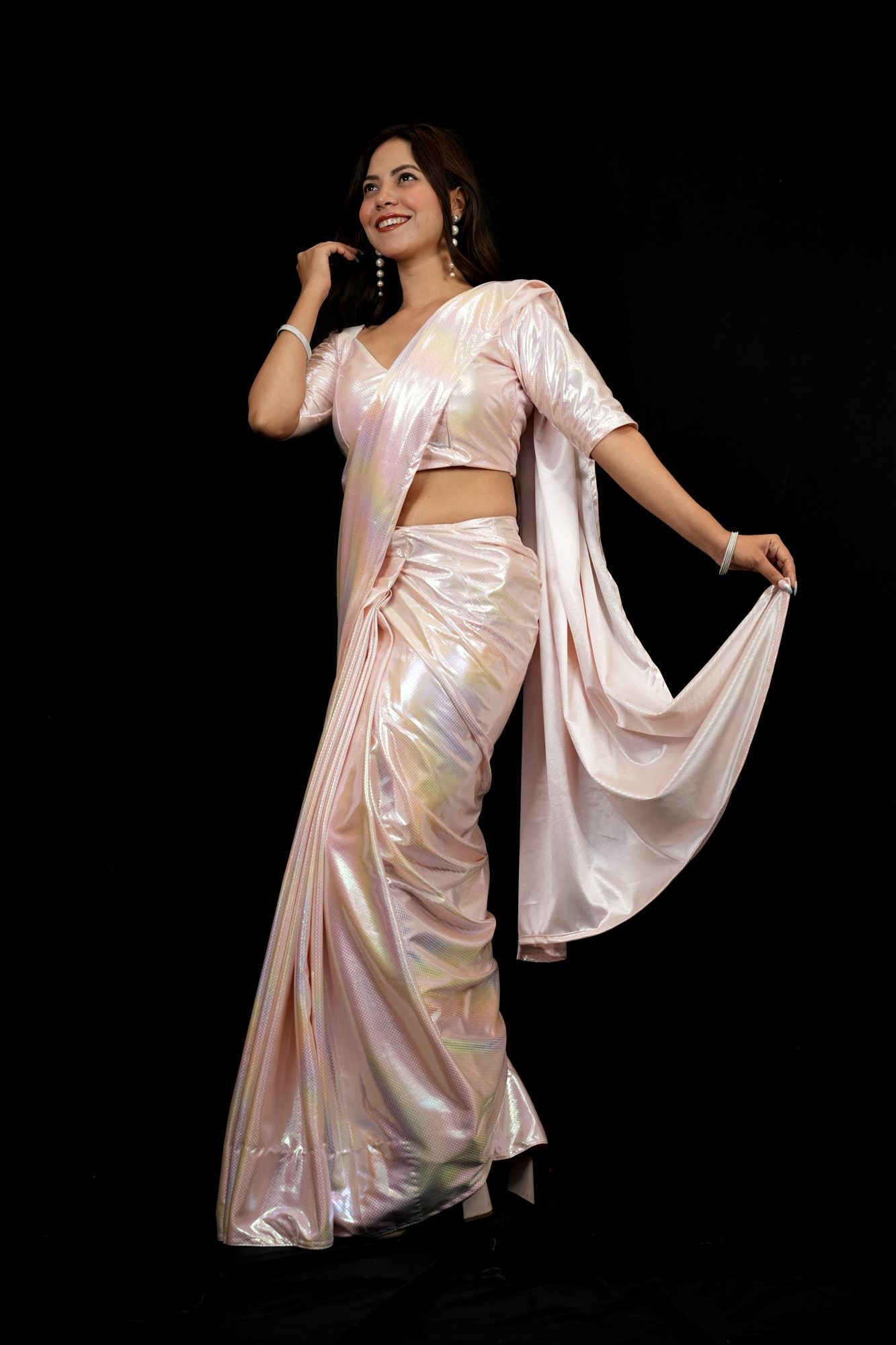 Metallic Rose Pink with Sculpted Blouse Ready To Wear Saree