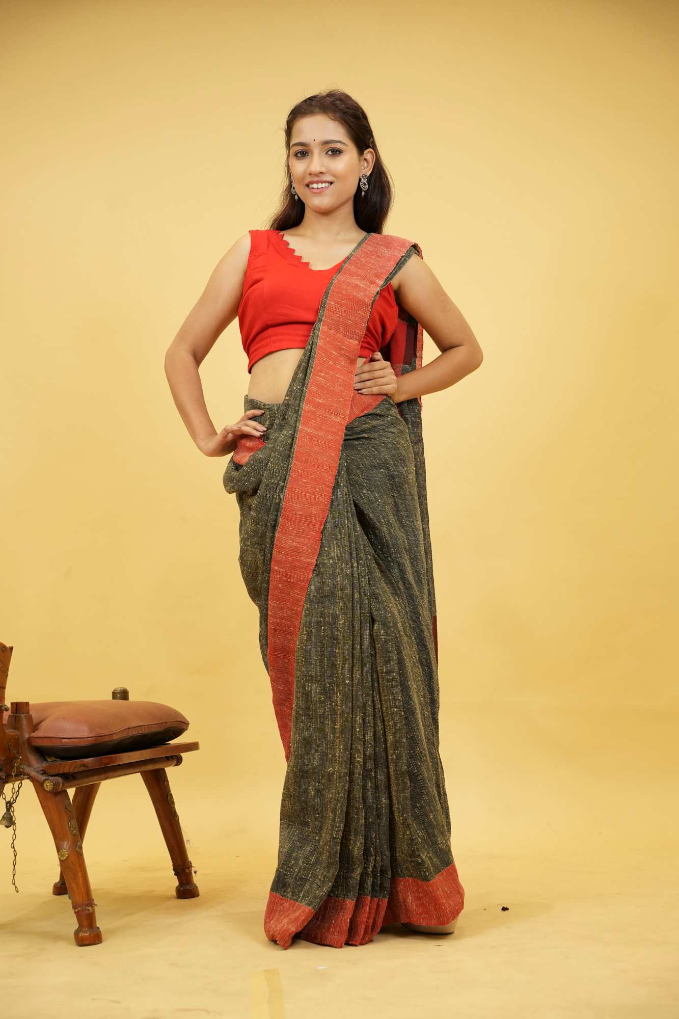 Black Reshom Khetia with Bold Red & Pink Accents Ready To Wear Saree